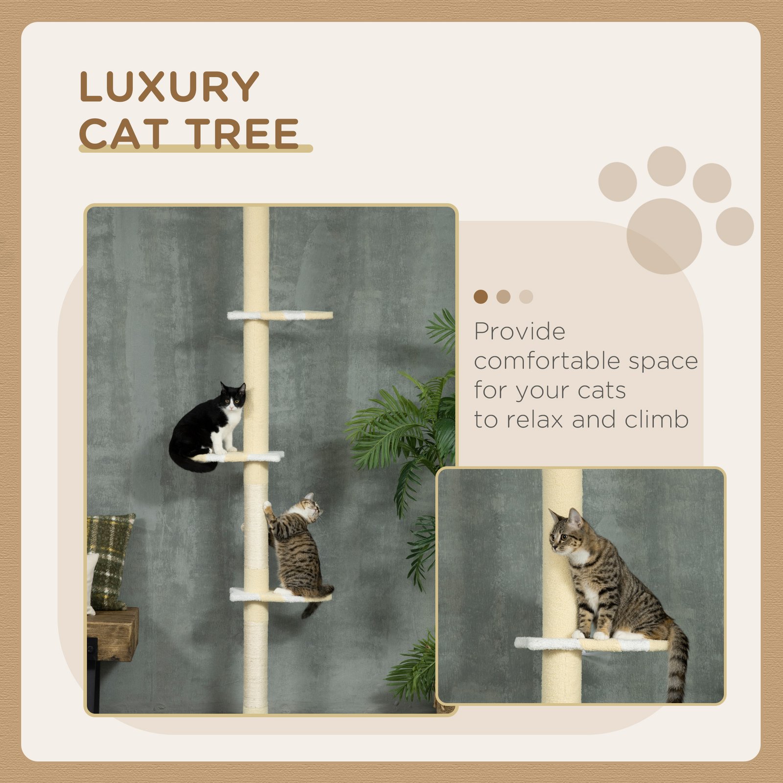 260cm Adjustable Floor-To-Ceiling Cat Tree w/ Anti-Tipping Kit, Toy Ball - Image 4