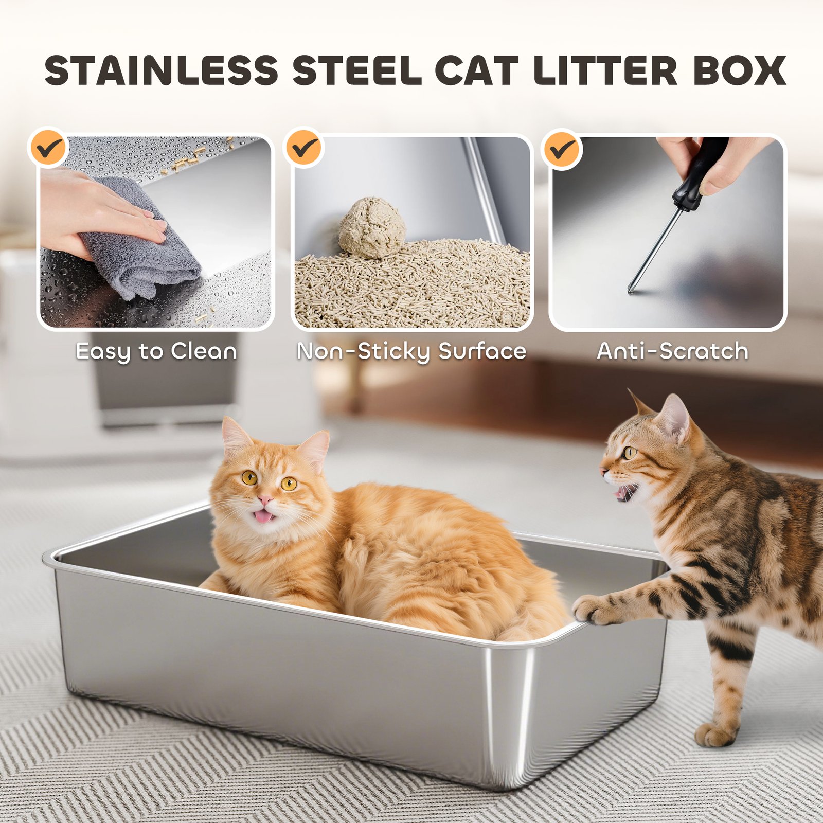 XL Stainless Steel Litter Box w/ 100° Flip Top, Scoop, Side Top Dual Entry, Odor Free, Easy Cleaning, Anti Leakage