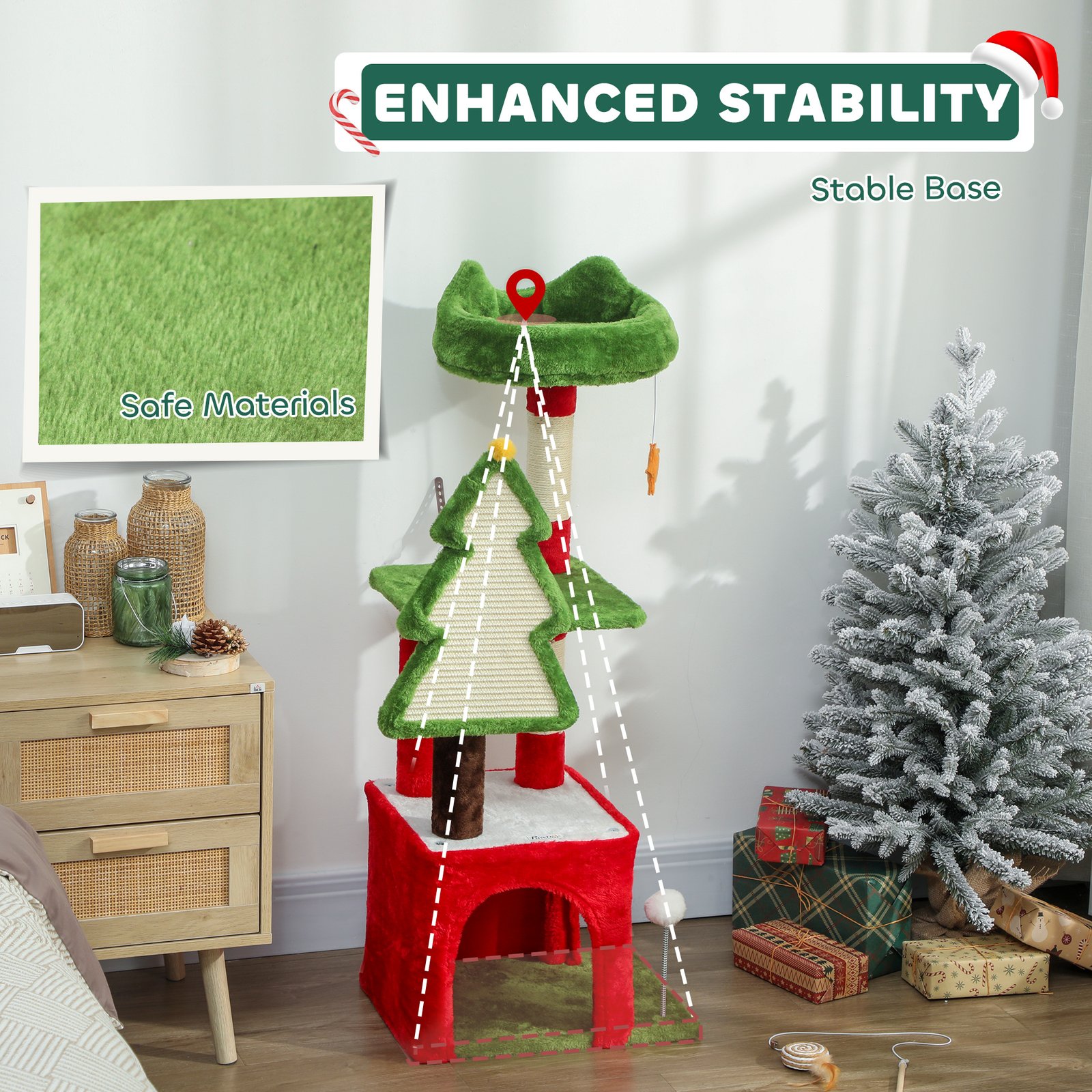 Christmas Cat Tree, 120cm Cat Tower with Scratching Post & Board, Platform, Toys, Green - Image 7