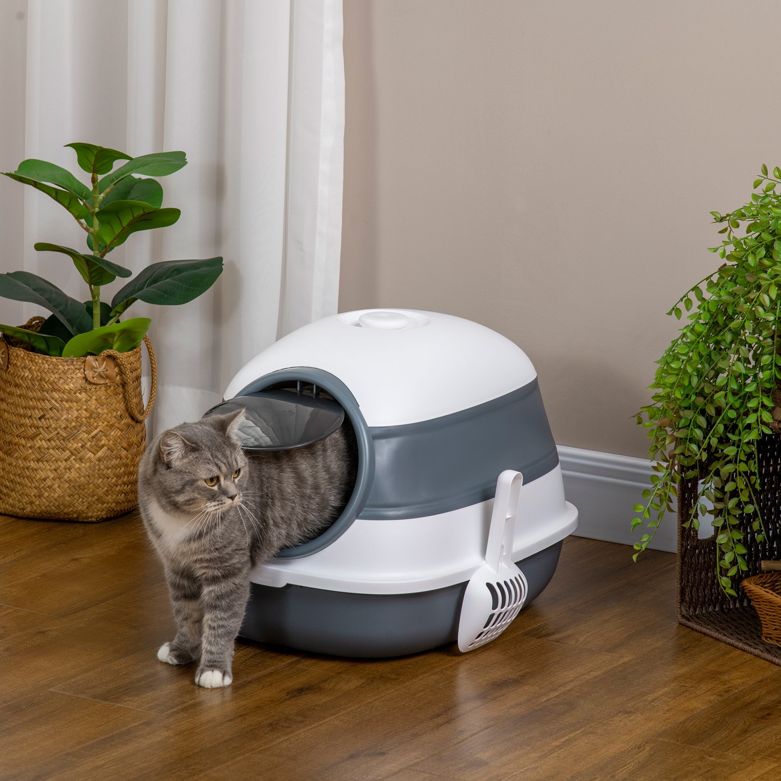 Foldable Cat Litter Tray with Lid, Deodorant, Scoop, White