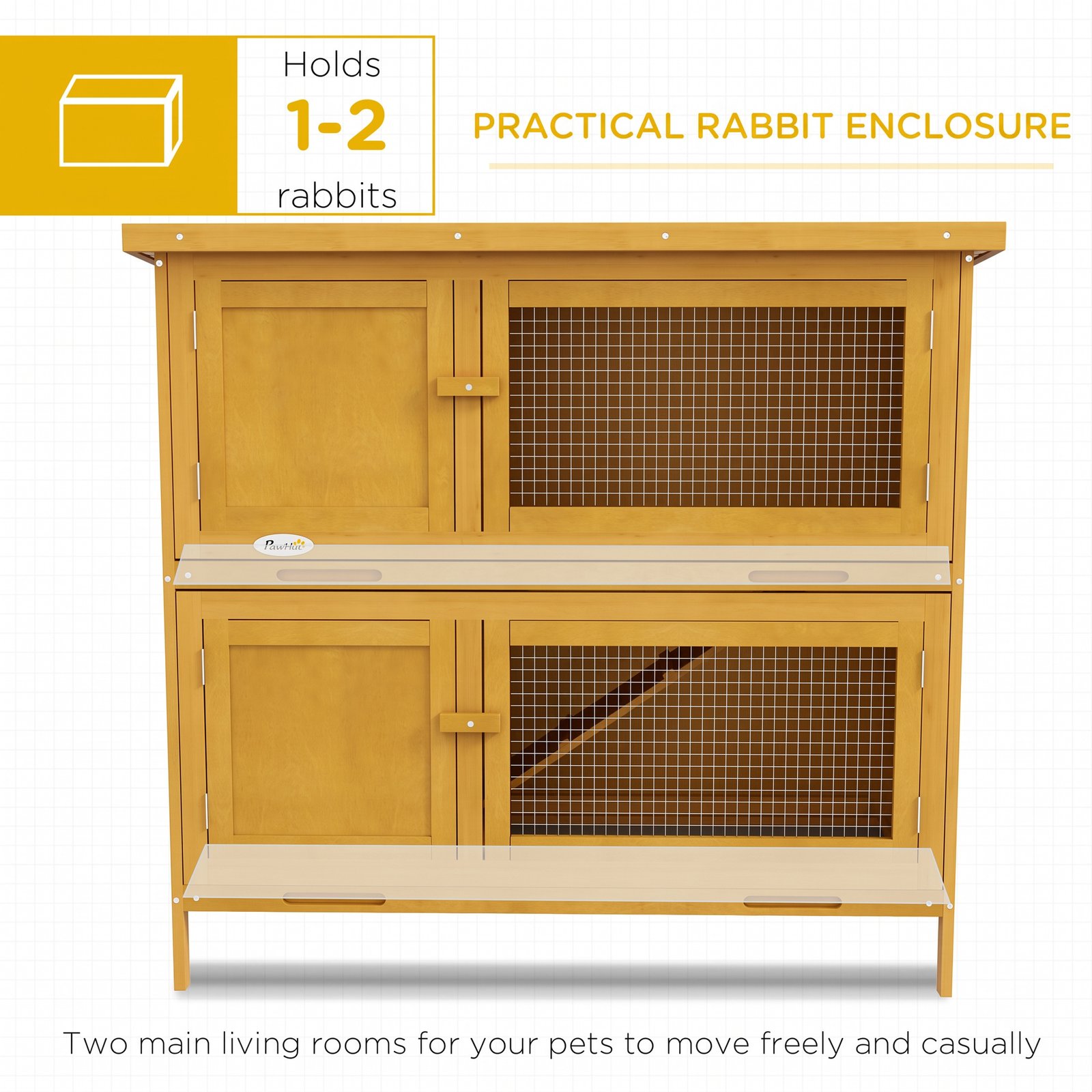 Double Decker Rabbit Hutch 2 Tier Guinea Pig Hutch Pet Cage Outdoor with Sliding-out Tray, 97 x 44 x 91cm, Yellow