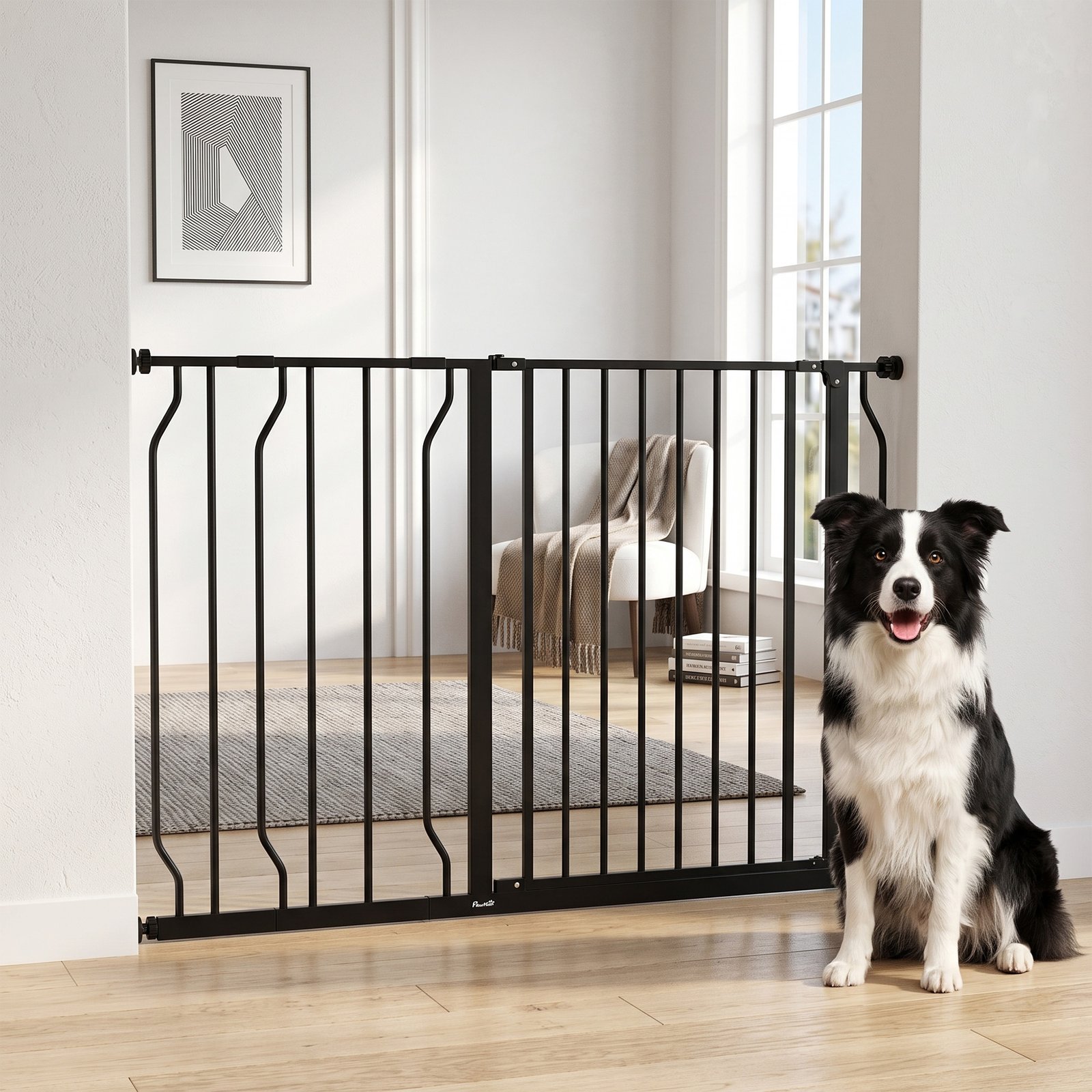 Wide Dog Safety Gate, with Door Pressure, for Doorways, Hallways, Staircases - Black