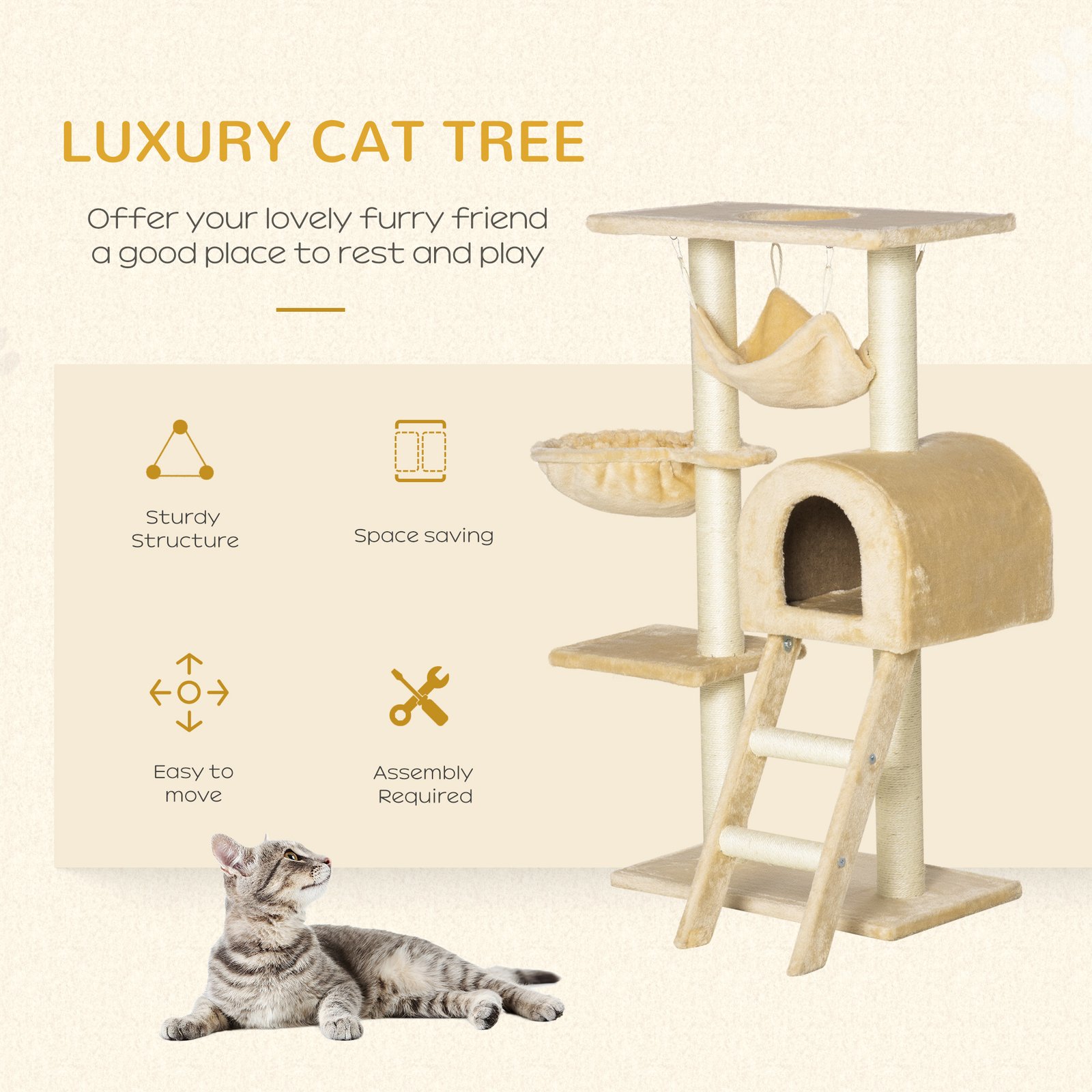 Cat Tree Tower for Indoor Cats Kitten Activity Centre Scratching Post w/ Hammock House Basket Ladder - Beige - Image 4