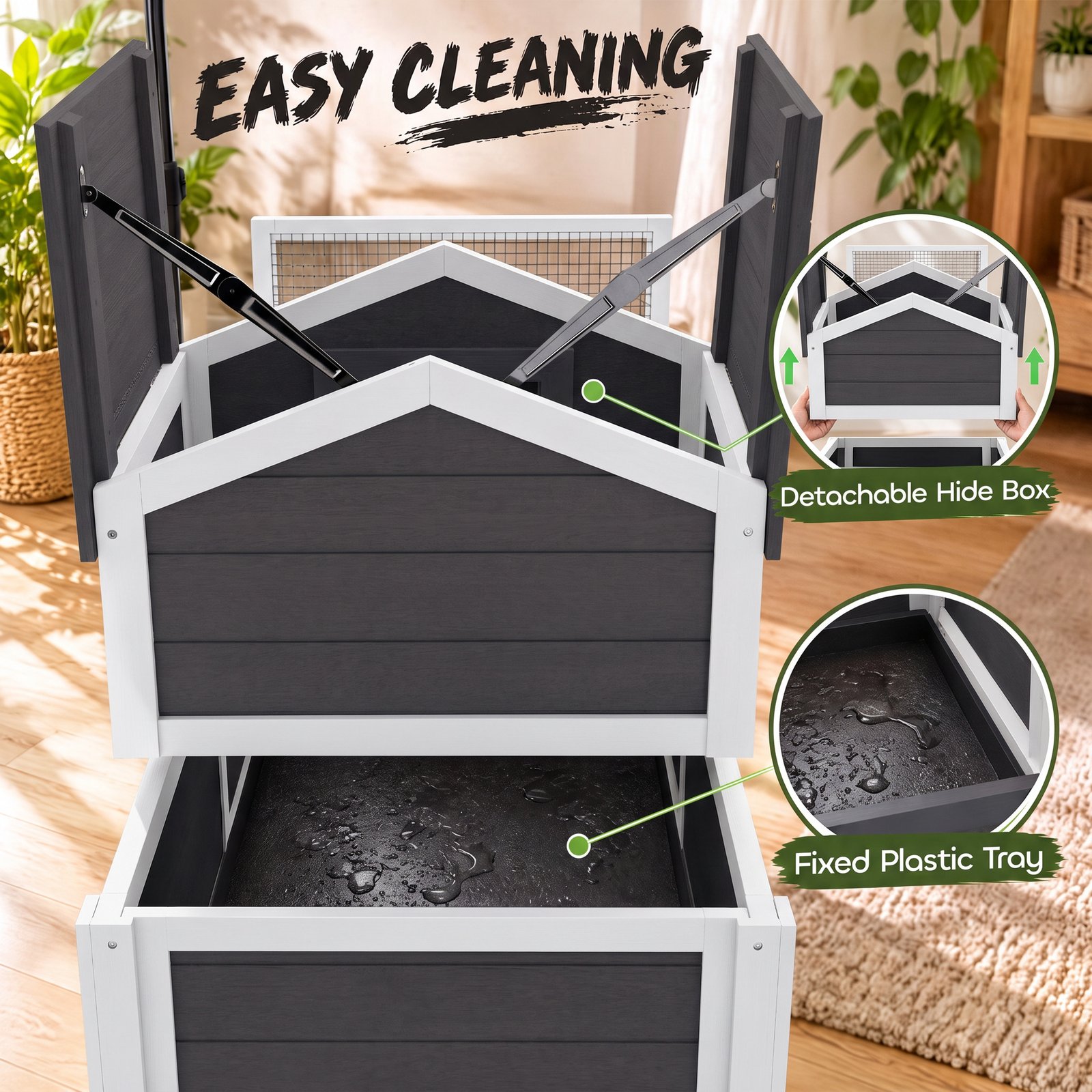 Wooden Tortoise Enclosure, Tortoise Tank w/ Adjustable Lamp Holder, Openable Lid, Removable Main House - Grey