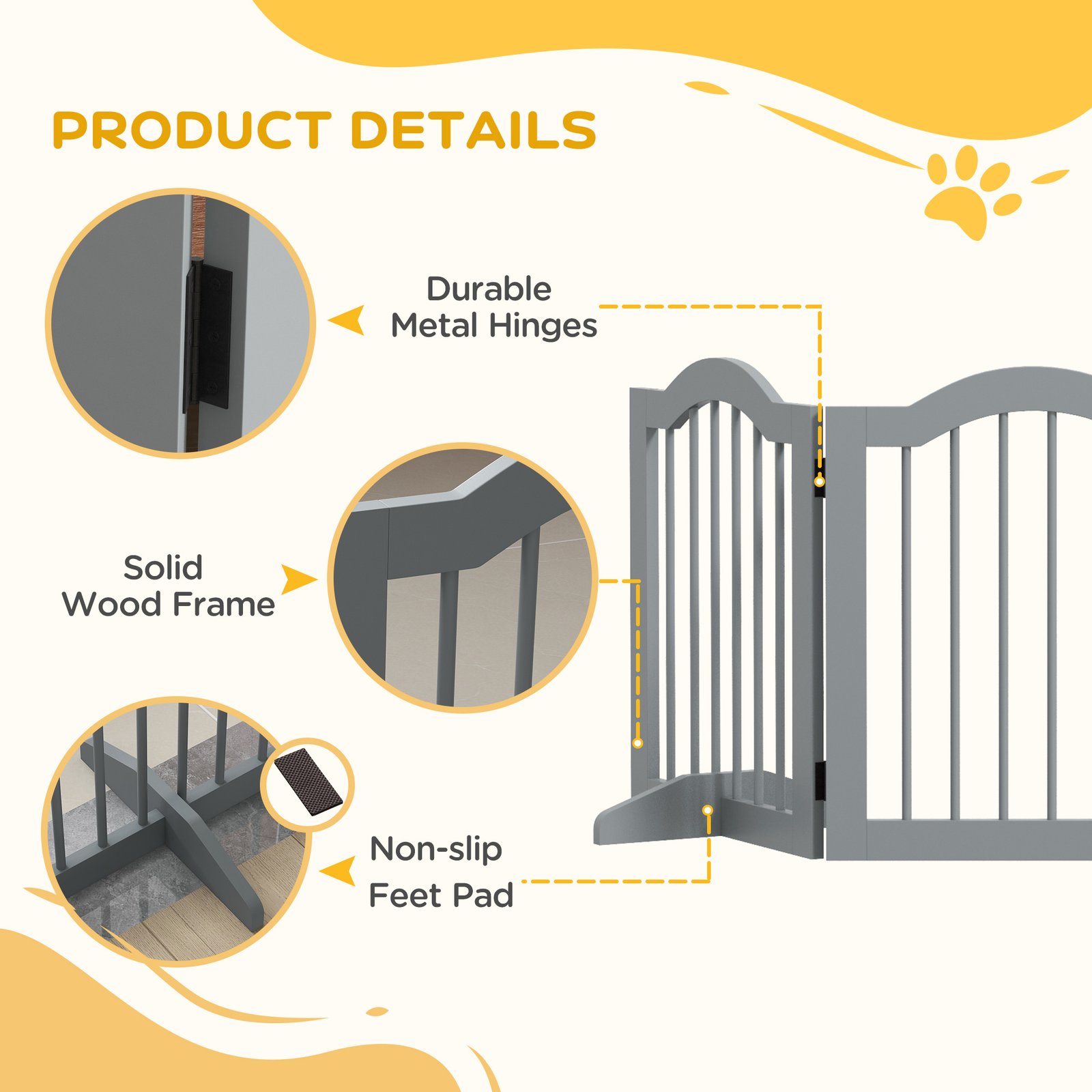 3 Panels Dog Gate w/ Support Feet Fence Safety Barrier Freestanding Wood Light Grey - Image 6