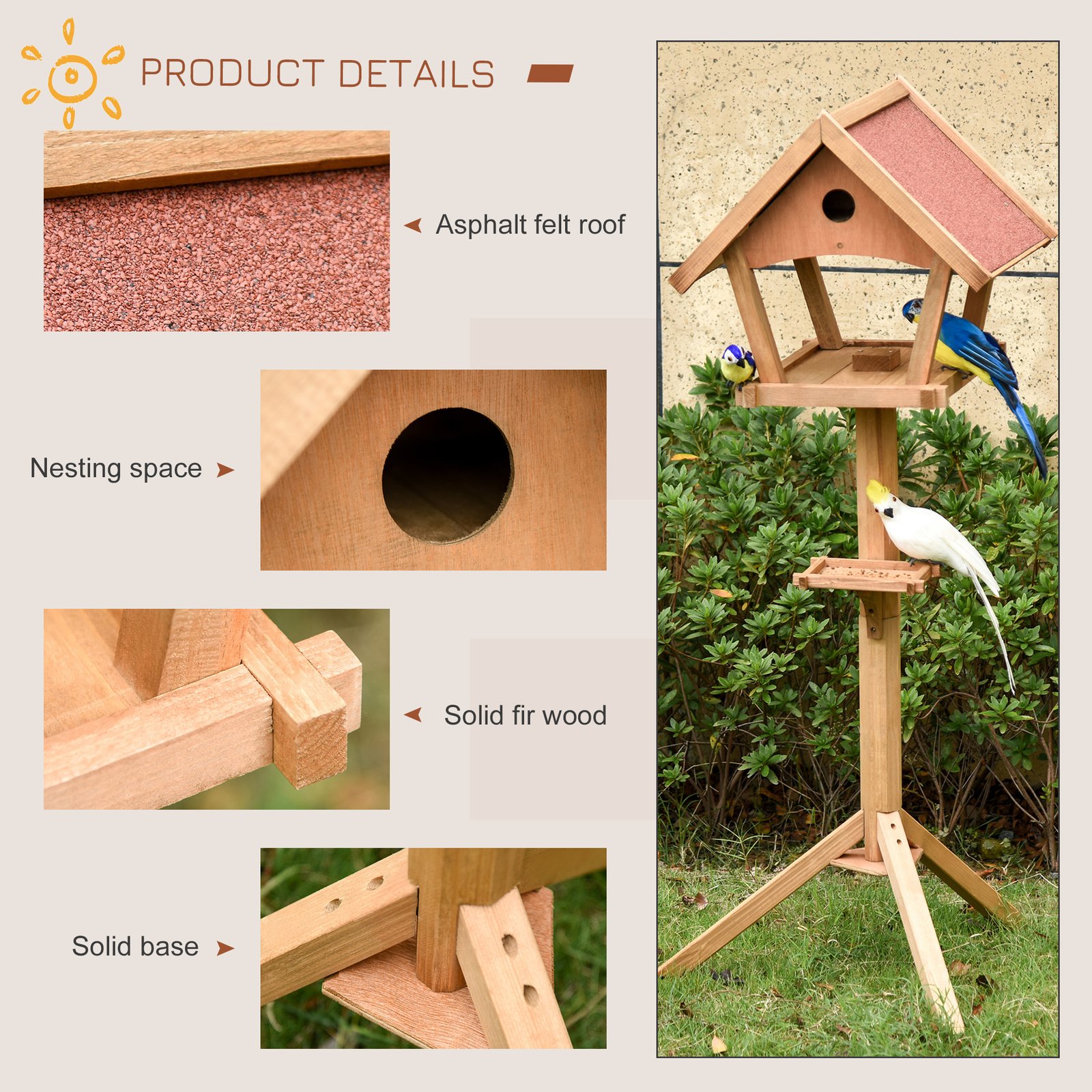 Wooden Bird Table Freestanding Feeding Station for Garden Outside,139H cm, Natural