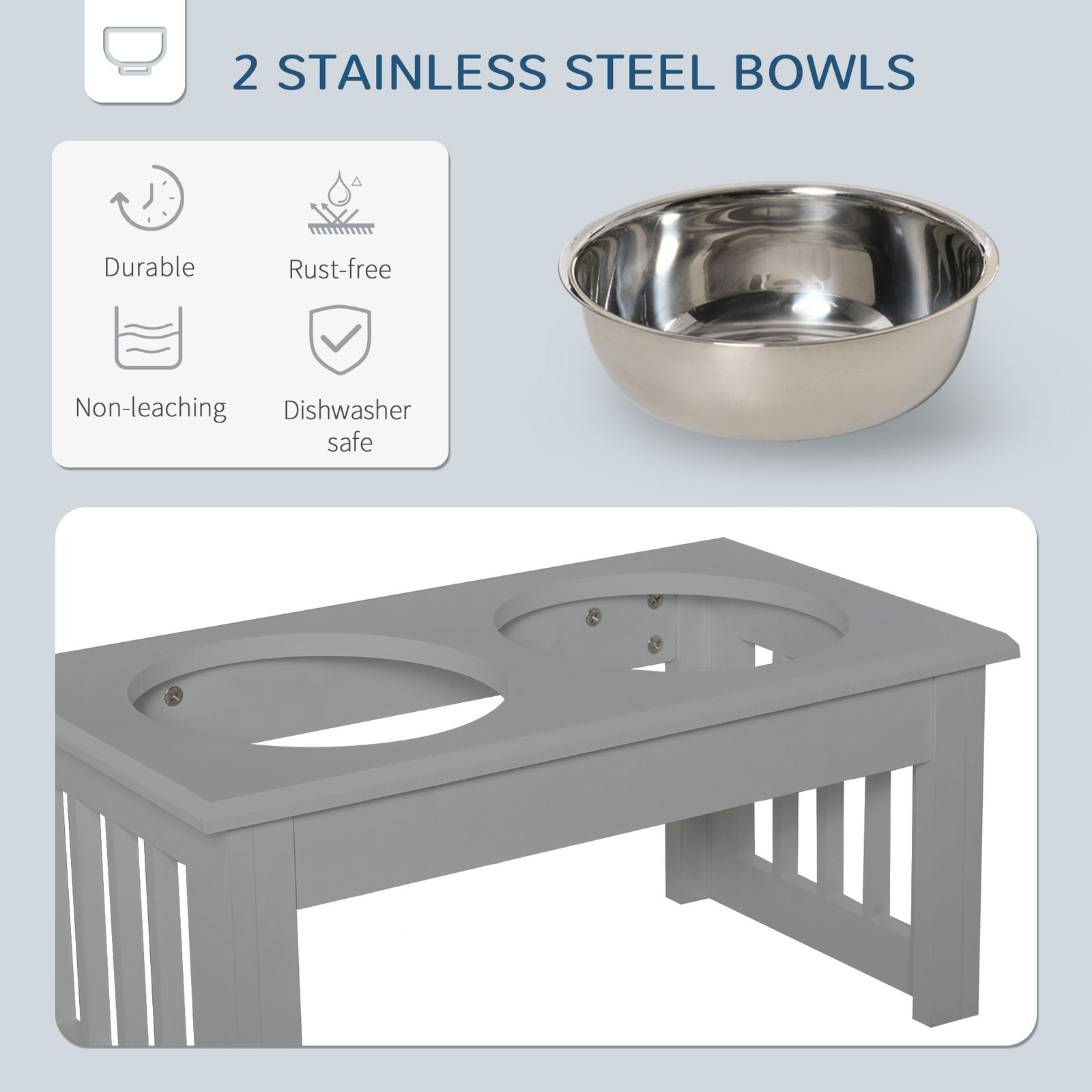 Raised Dog Feeding Bowls with Stand, Stainless Steel for Extra Small and Small Dog, 44L x 24W x 15H cm - Grey - Image 5