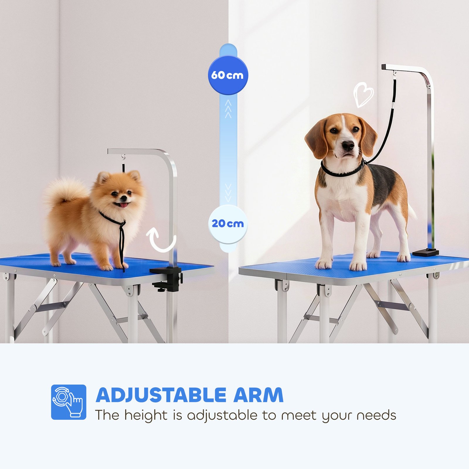 32" Foldable Dog Grooming Table Pet Drying Beauty Table Adjustable Fixed Arm Rubber Top, Blue
