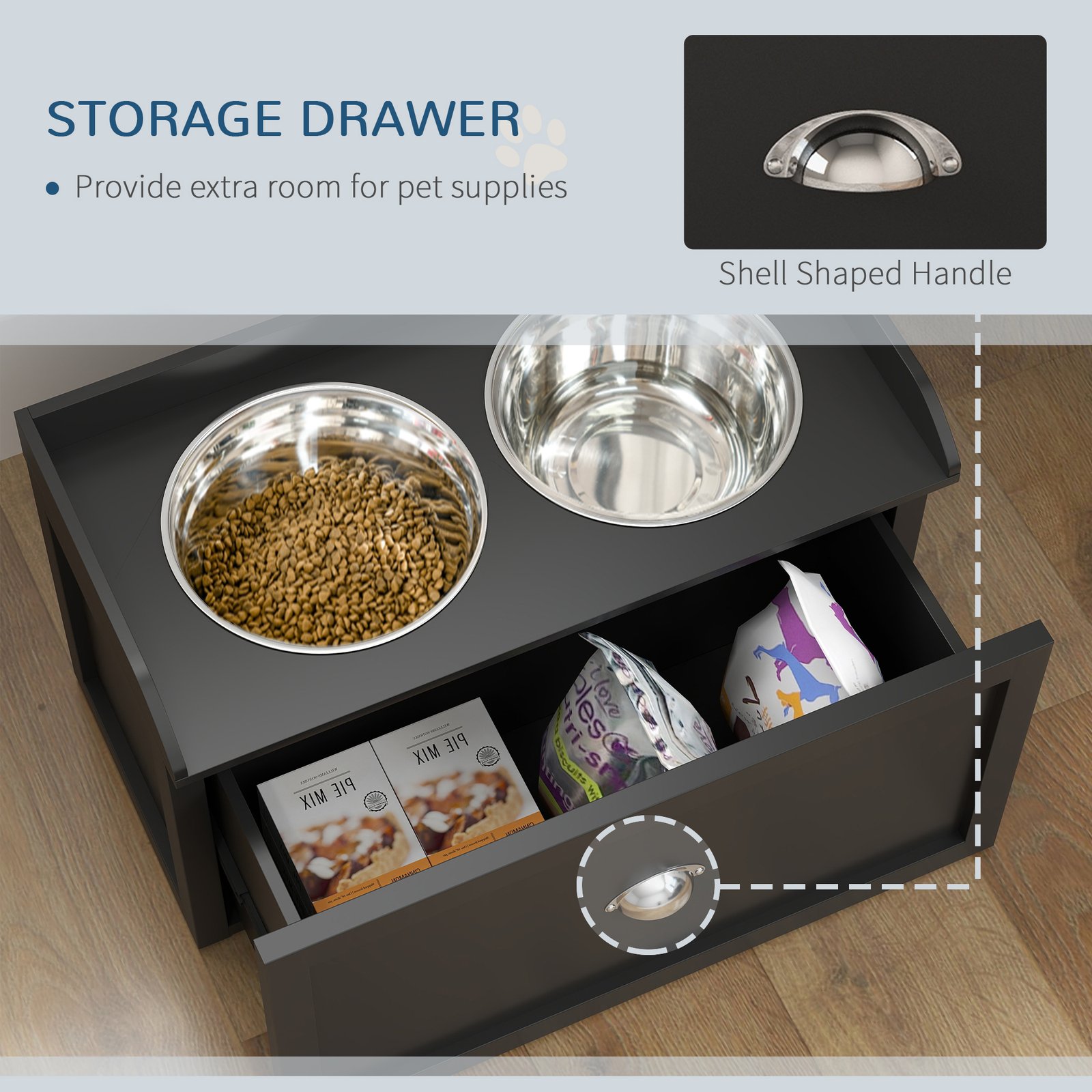 Stainless Steel Raised Dog Bowls, with 21L Storage Drawer for Large Dogs and Cats - Black - Image 5