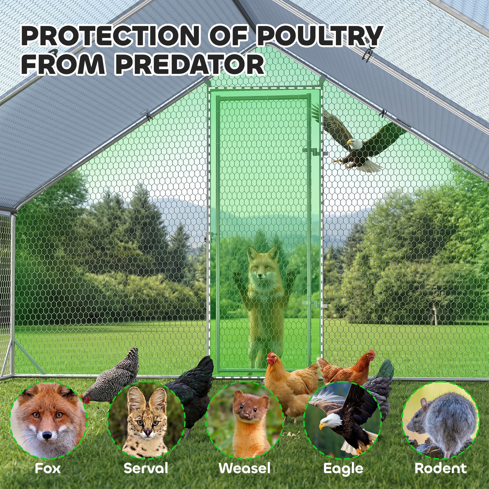 Chicken Run Galvanised Walk-in Chicken Coop Hen Poultry House Cage Rabbit Hutch with Weather-Resist Cover, 3 x 8 x 2m