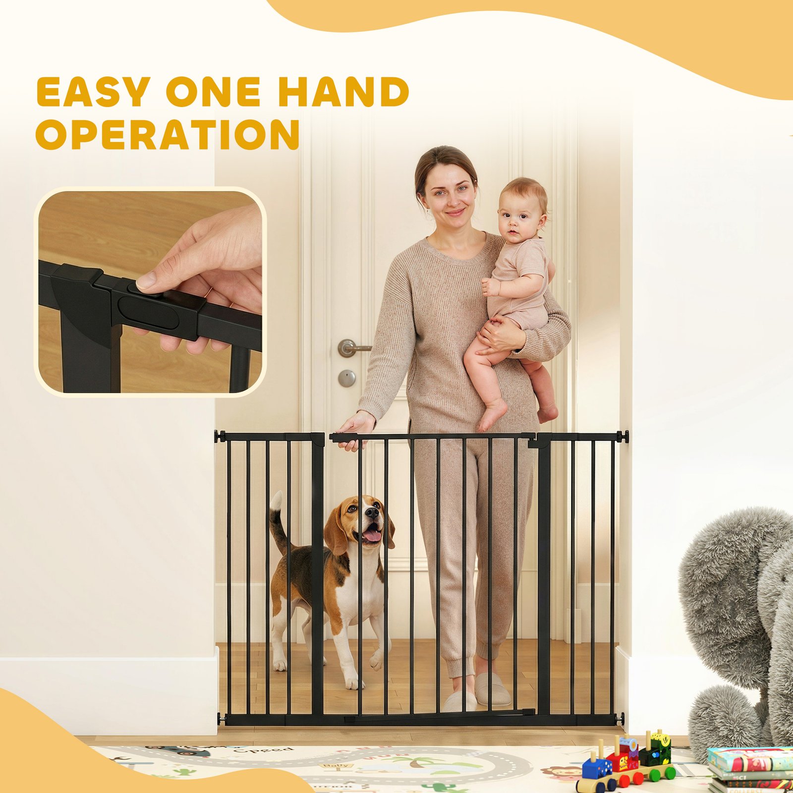 Dog Gate Pet Safety Gate Stair Barrier Pressure Mount Adjustable 76-82/86-97/101-107 cm, Black