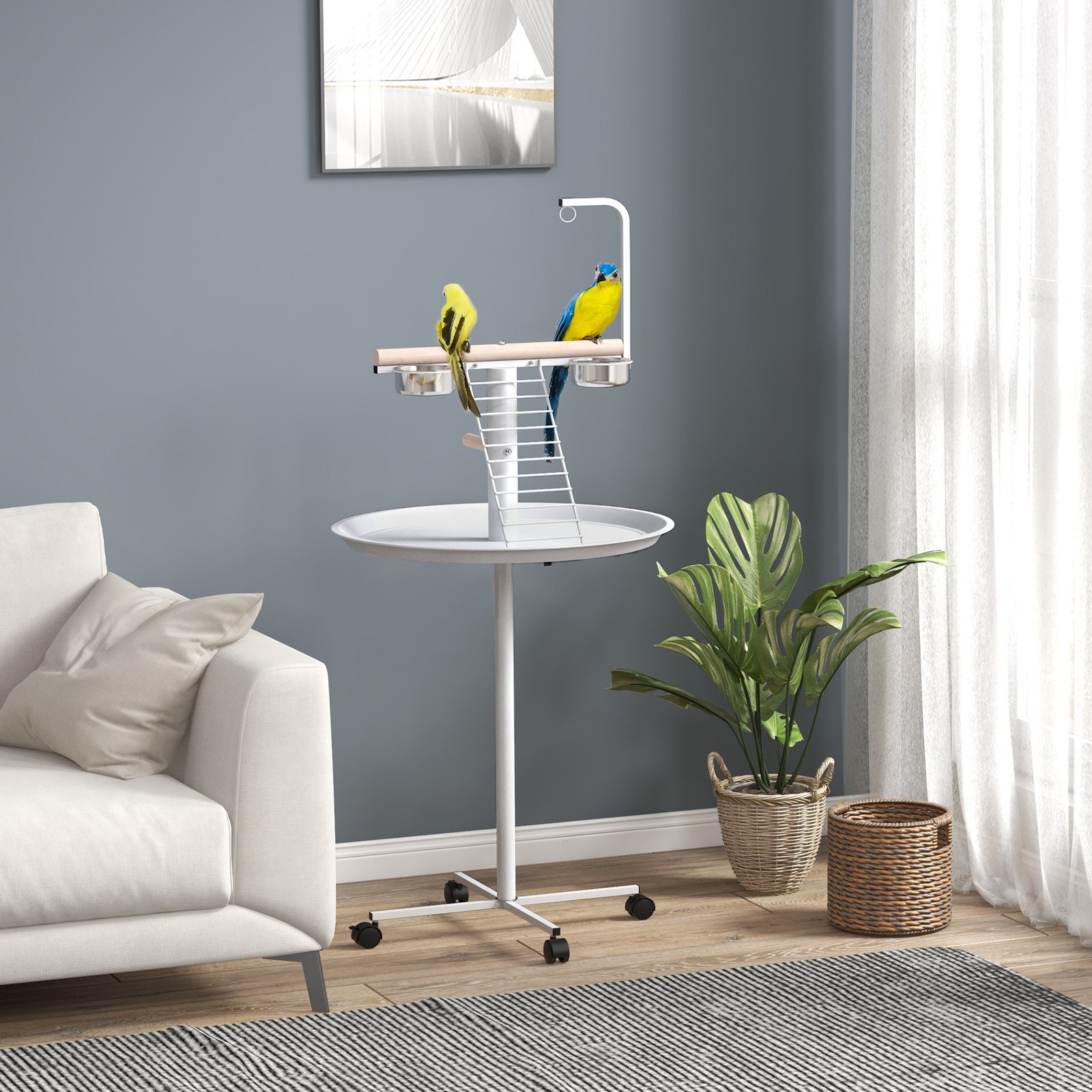 Bird Stand with Four Wheels, Perches, Stainless Steel Feed Bowls, Round Tray, for Garden, Indoor, Outdoor - White