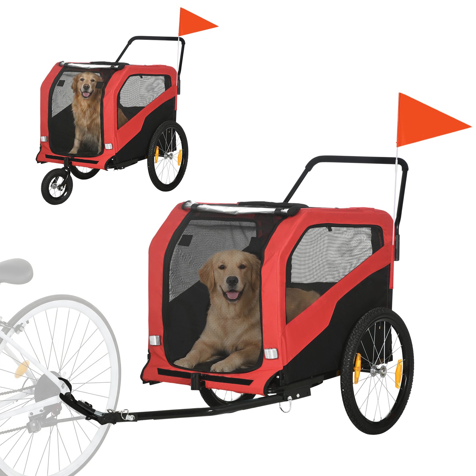 2 in 1 Dog Bike Trailer Pet Stroller for Large Dogs with Hitch, 20" Wheels, Pet Bicycle Cart Trolley Carrier for Travel, Red