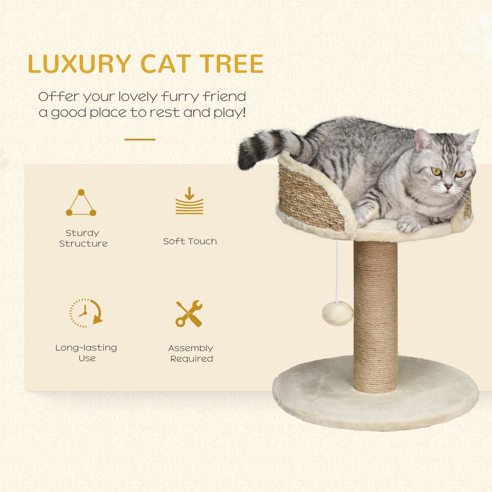 Cat Tree Cat Scratching Post for Indoor Cats Kitten Play Tower Activity Centre Climbing Stand with Dangling Ball Beige - Image 4