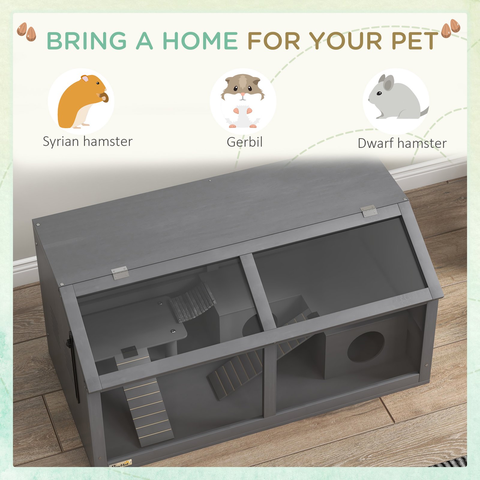 Hamster Cage, Wooden Small Animal Cage for Gerbils, Mice w/ Suspension Bridge, Openable Top, Hut, 85 x 45 x 44cm - Grey
