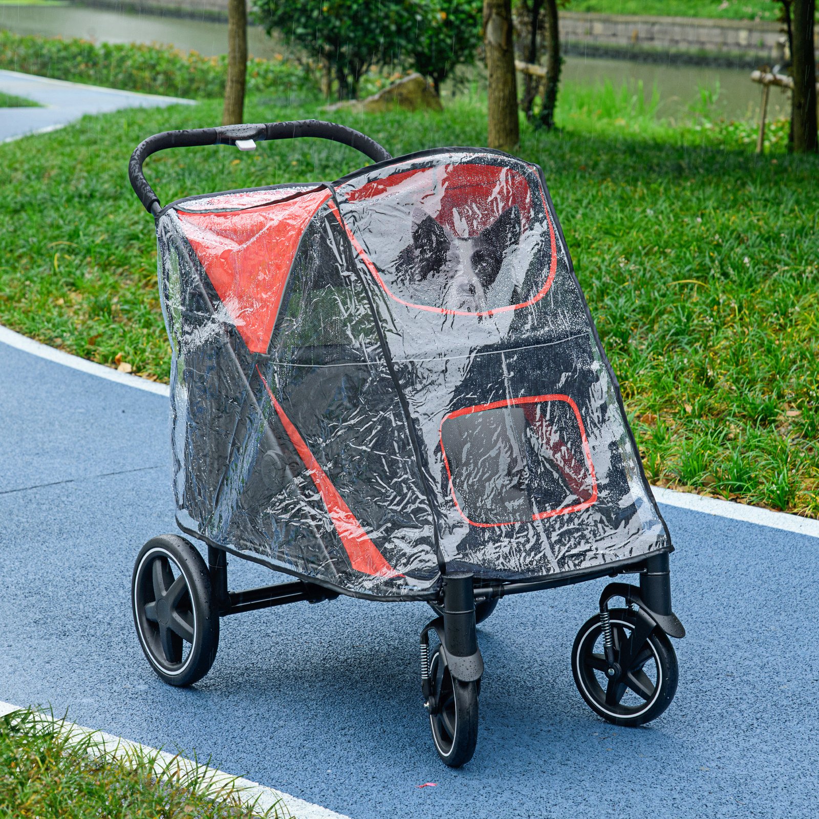 One-Click Foldable Pet Travel Stroller with Rain Cover, Cat Dog Pushchair with Universal Front Wheels, Shock Absorber, Storage Bags, Mesh Window, Safety Leash for Large and Medium Dogs (Red) - Image 9