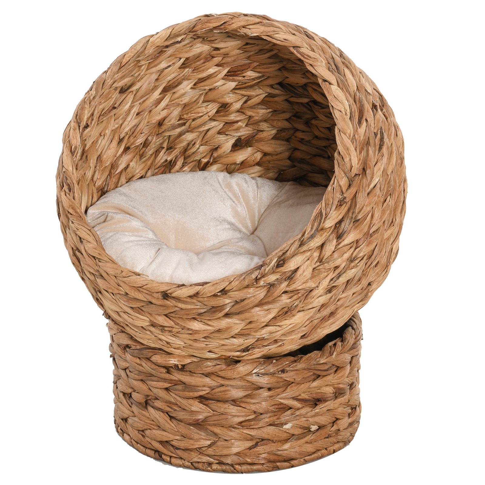 Wicker Cat Bed, Raised Rattan Cat Basket with Cylindrical Base, Soft Washable Cushion, 40 x 37 x 51 cm - Brown