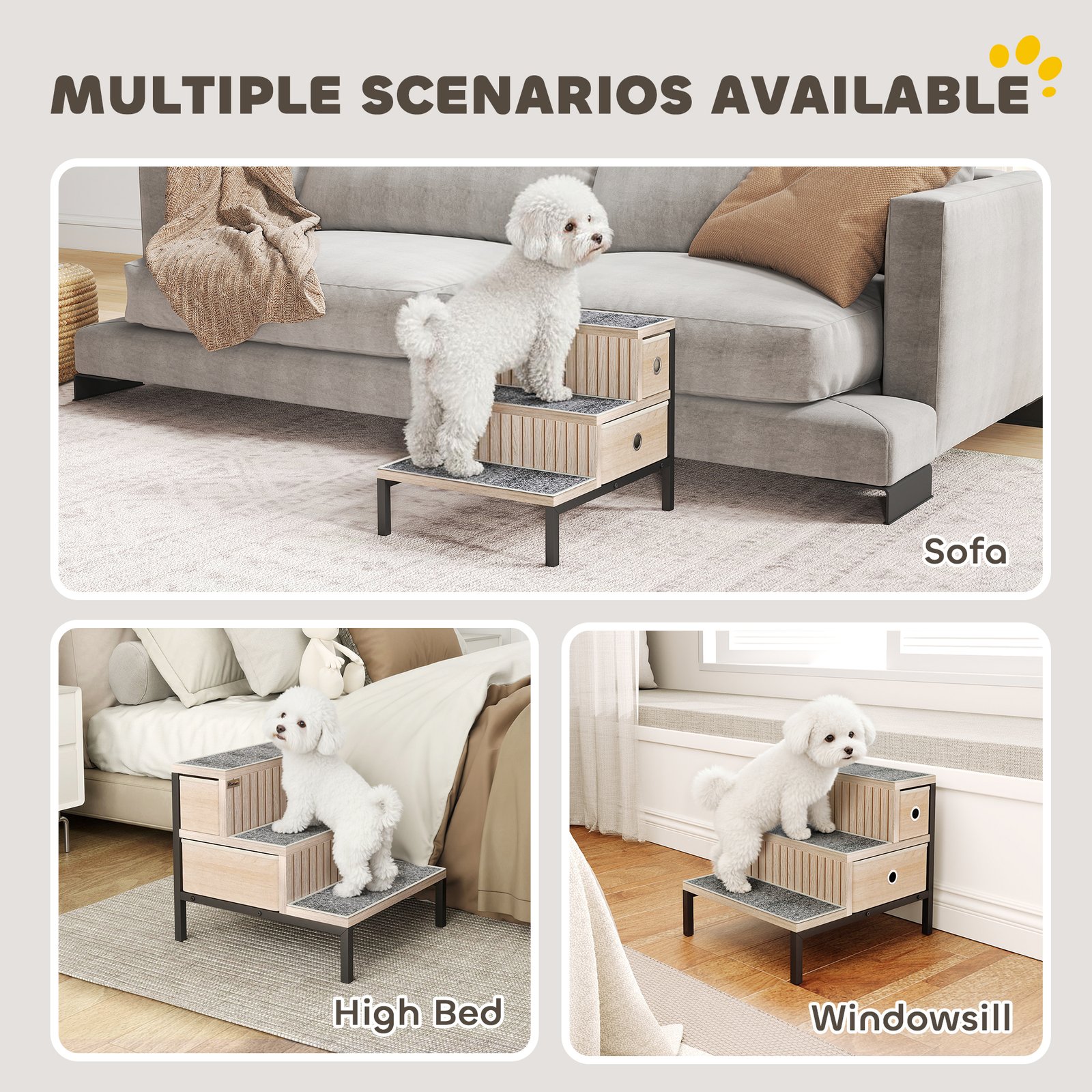 Dog Stairs with Storage, Non-Slip Cover, Pet Steps for Small Dogs & Older Cats, for Sofa, High Bed, Oak Tone - Image 5