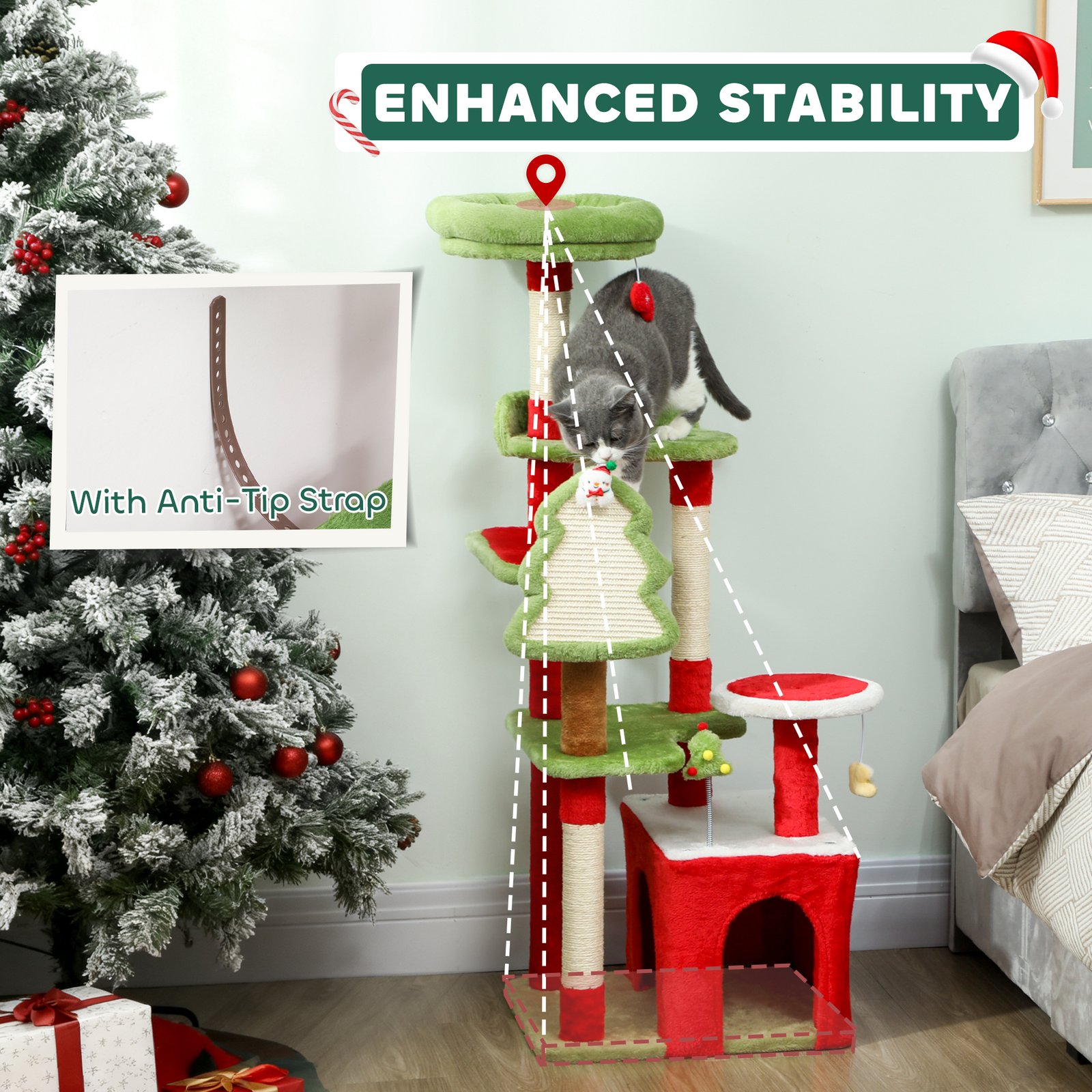 Cat Tree, 120cm Christmas Cat Tower with 3 Scratching Posts, Scratching Board, 2 Perches, Platforms, Toys, Green