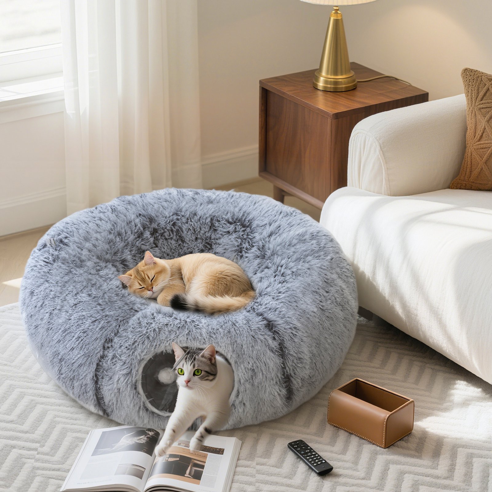 2-in-1 Donut Cat Tunnel with Washable Bed, Play Tunnel Bed with Toy Ball and Door Hole for Indoor Cats, Light Grey - Image 9
