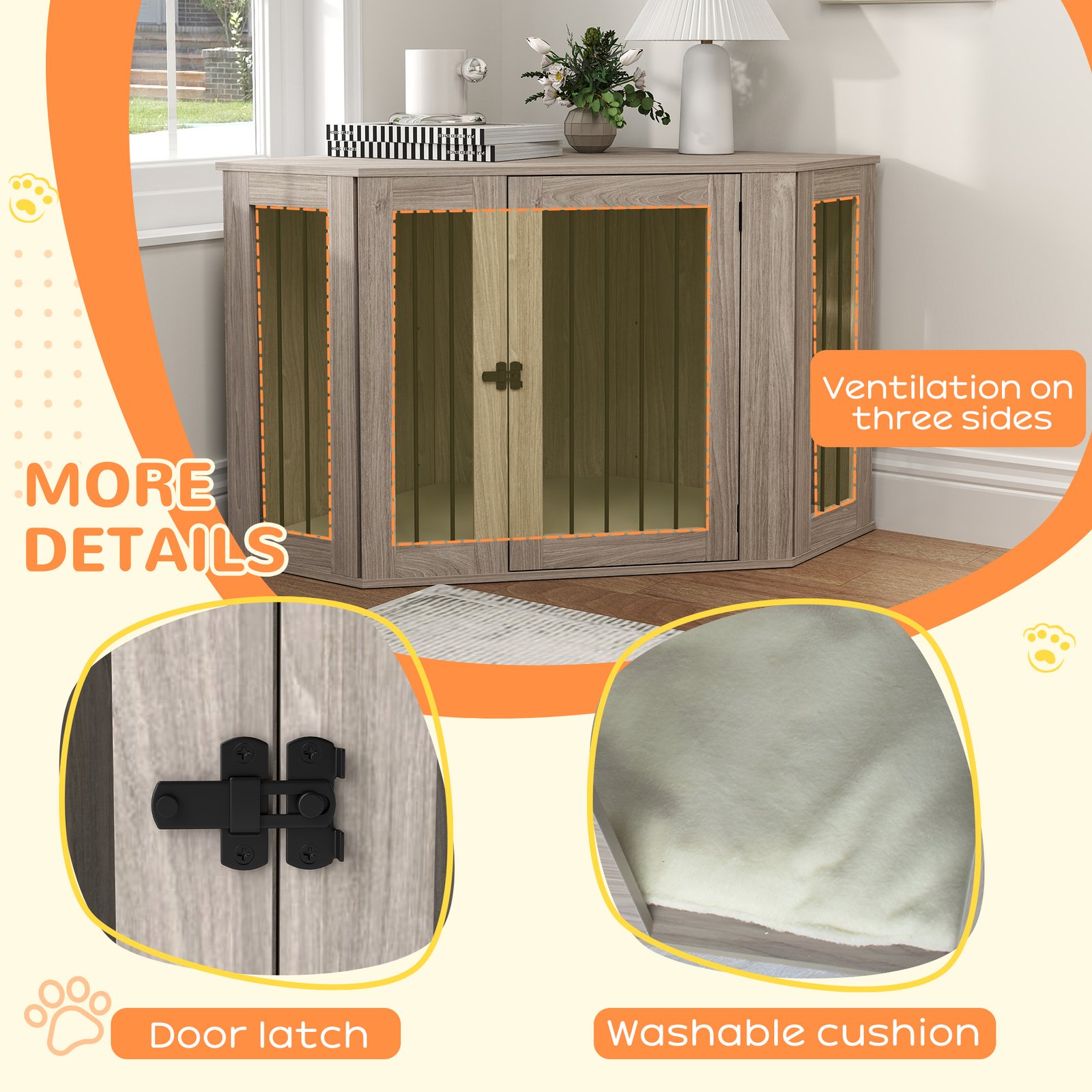 Dog Crate Furniture Side Table, with Cushion, 122 x 61 x 71cm - Walnut Brown - Image 6