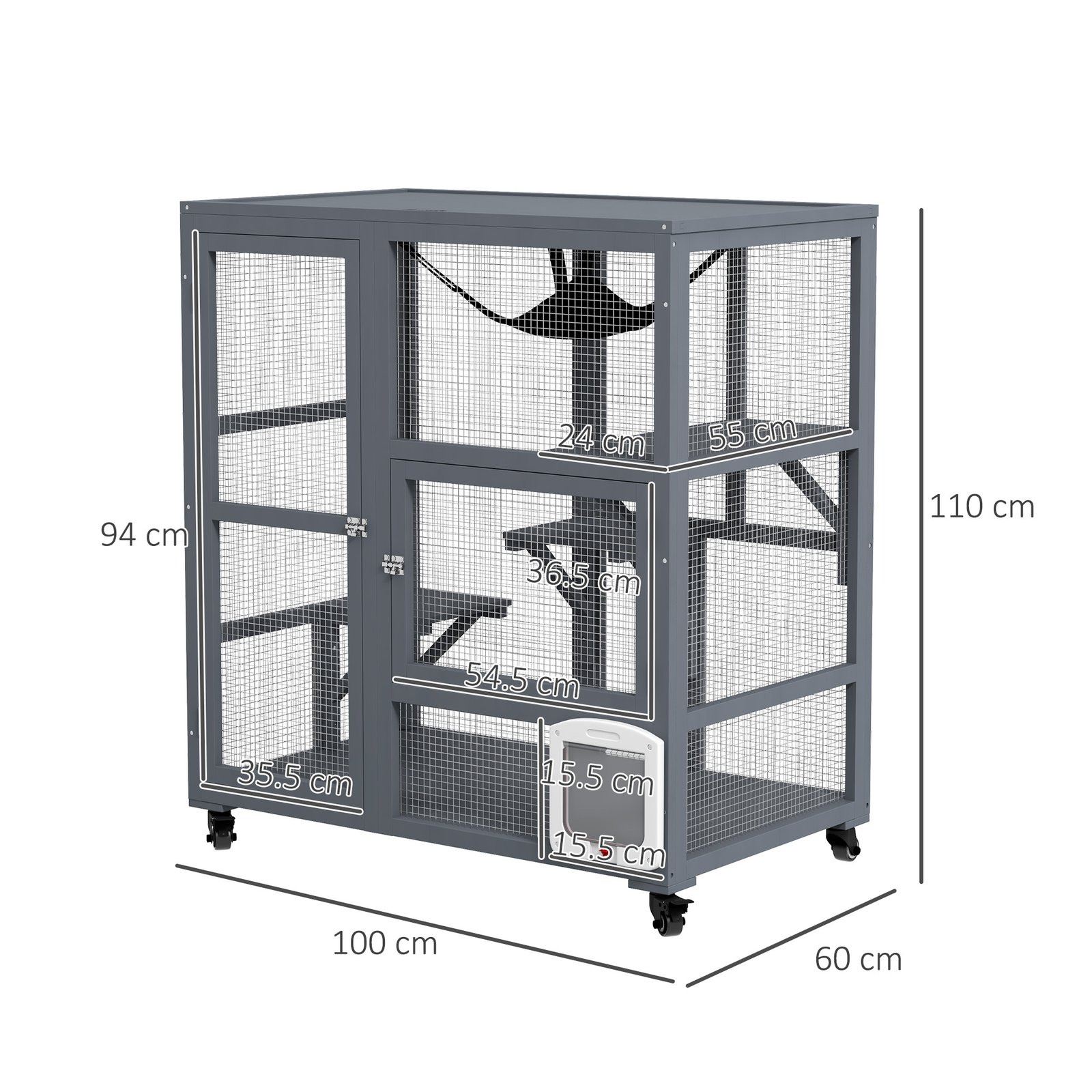 Cat House, Wooden Indoor Catio Cat Enclosure on Wheels, Wooden Kitty Cage with Platforms, Hammock, Light Grey