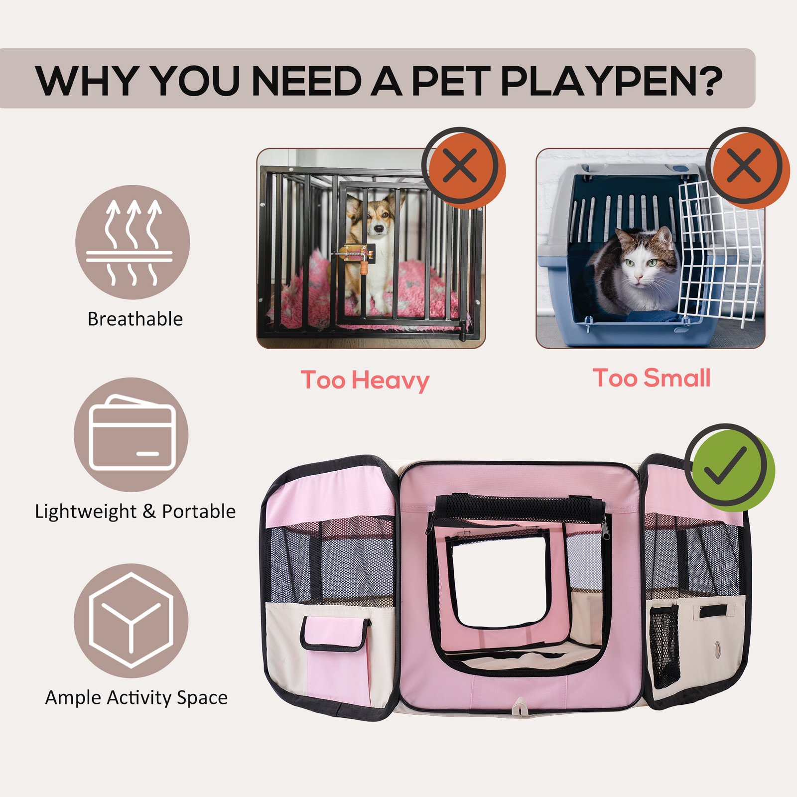 600D Oxford Soft Fabric Kennel, Portable Lightweight Cat Dog Playpen, Foldable Pet Puppy Rabbit Guinea Pig Pen Run Dia 90 x 41H cm Indoor & Outdoor Pink