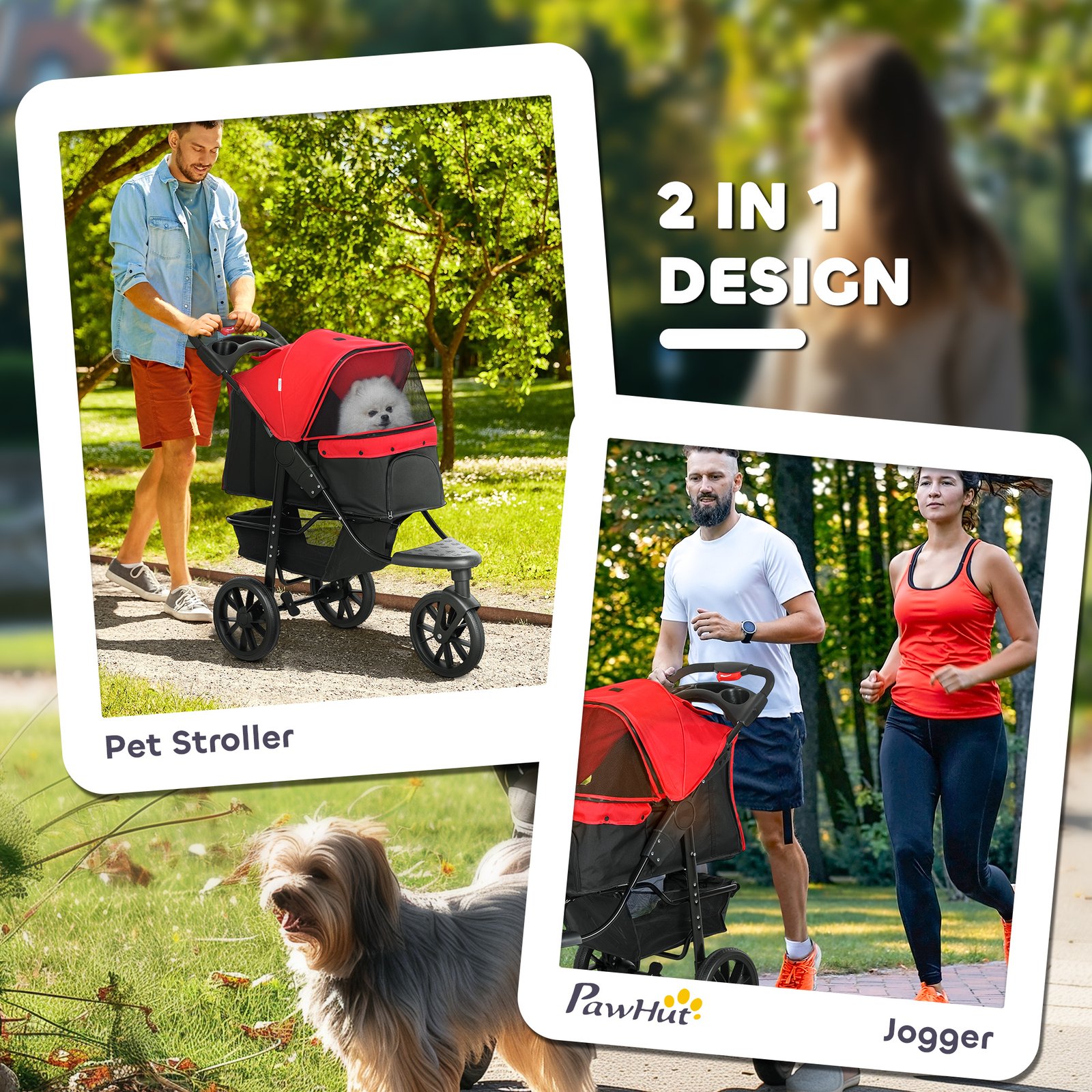 Dog Stroller Foldable Pet Pram for Small Miniature Breeds, Cats, 3 Wheels Dog Pushchair with Brake, Cupholder, Red