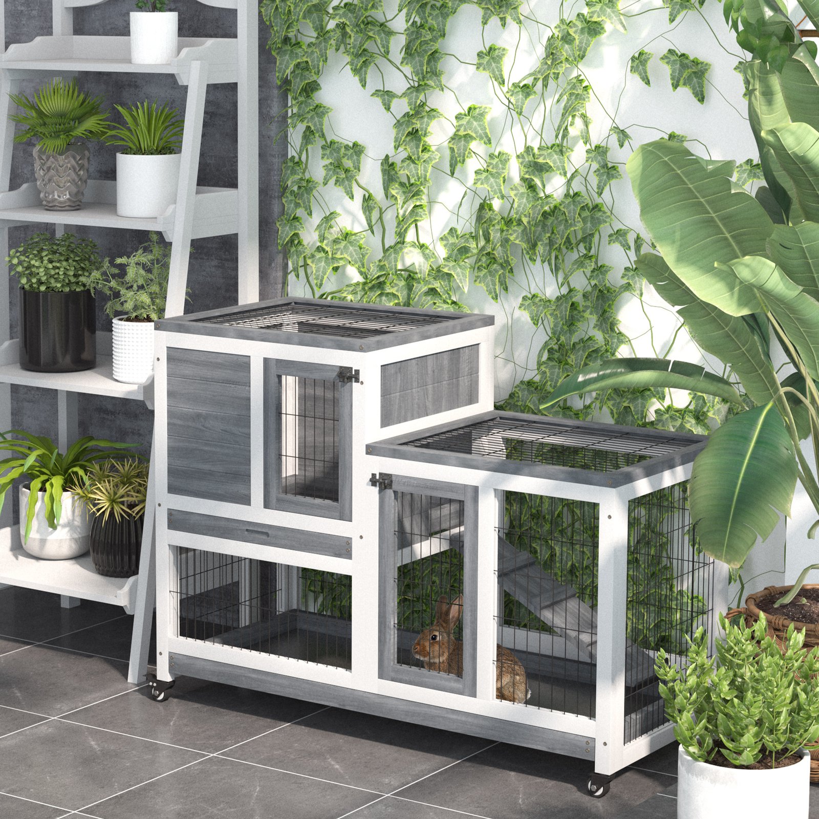Wooden Indoor Rabbit Hutch Guinea Pig House Bunny Small Animal Cage W/ Wheels Enclosed Run 110 x 50 x 88 cm, Grey - Image 8