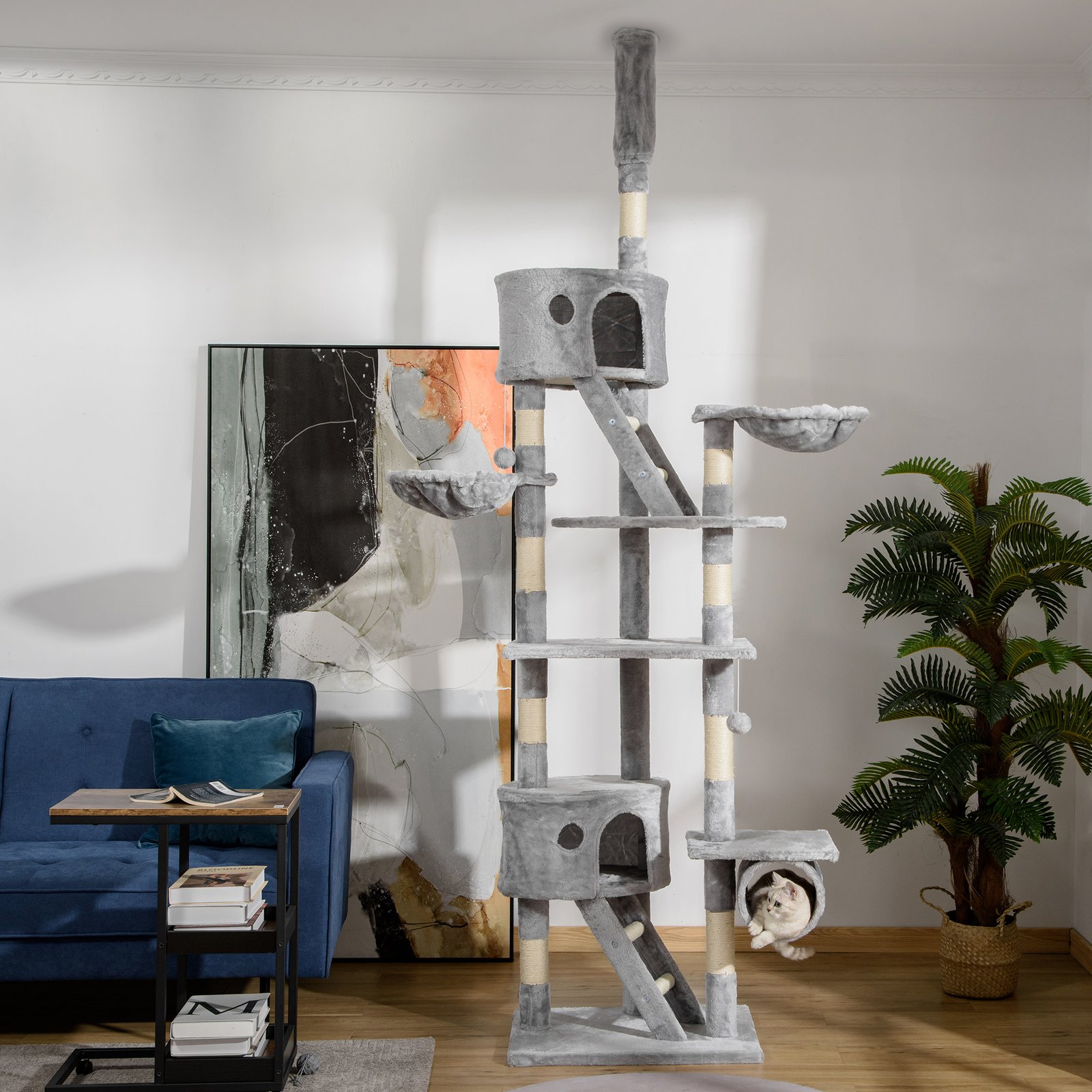 Floor to Ceiling Cat Tree for Indoor Cats, 240-260cm, Adjustable Height - Light Grey - Image 9