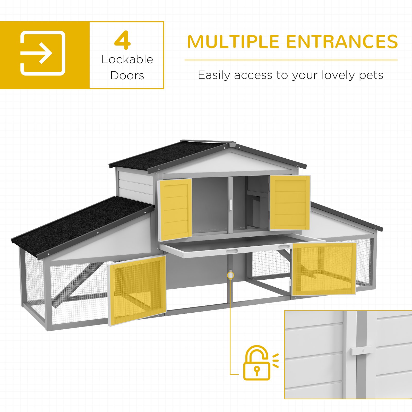 Large Rabbit Hutch with Run, Outdoor Bunny Cage, with Tray, Ramp - Light Grey - Image 4