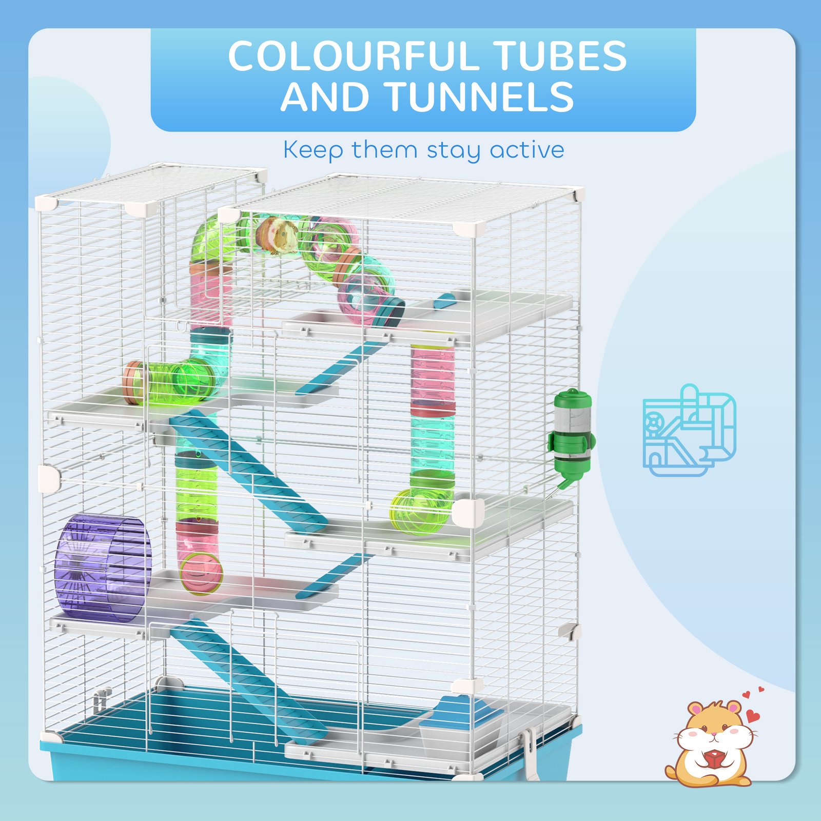 6 Tier Hamster Cage, Small Animal Cage with Tubes, Exercise Wheel, Ramps, Hut, Food Dish, Water Bottle, Light Blue