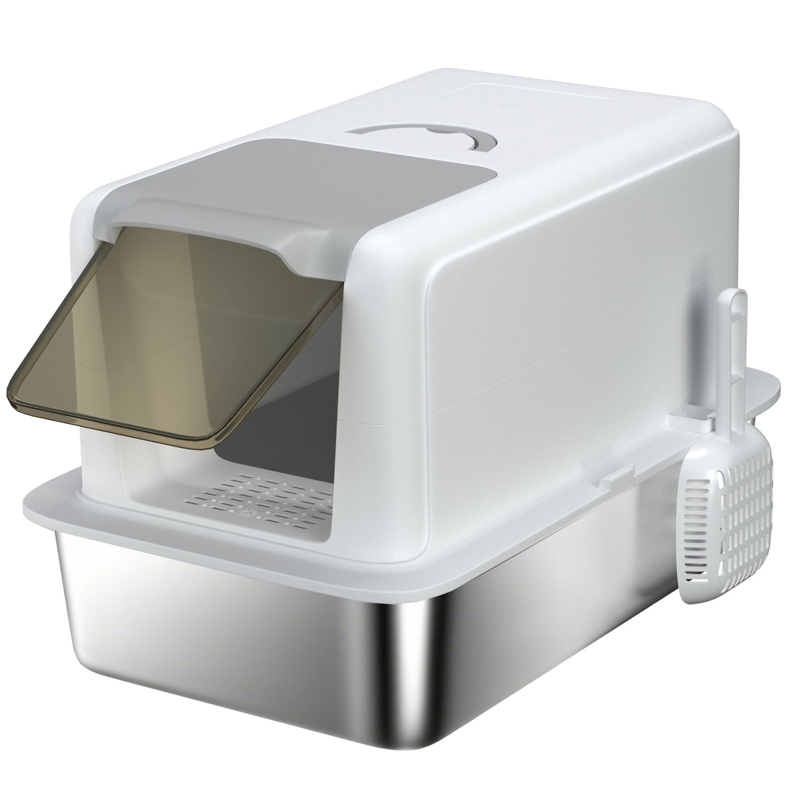 Stainless Steel Cat Litter Box with Removable Lid, Scoop, Filter Bags, for Larger Cats, White