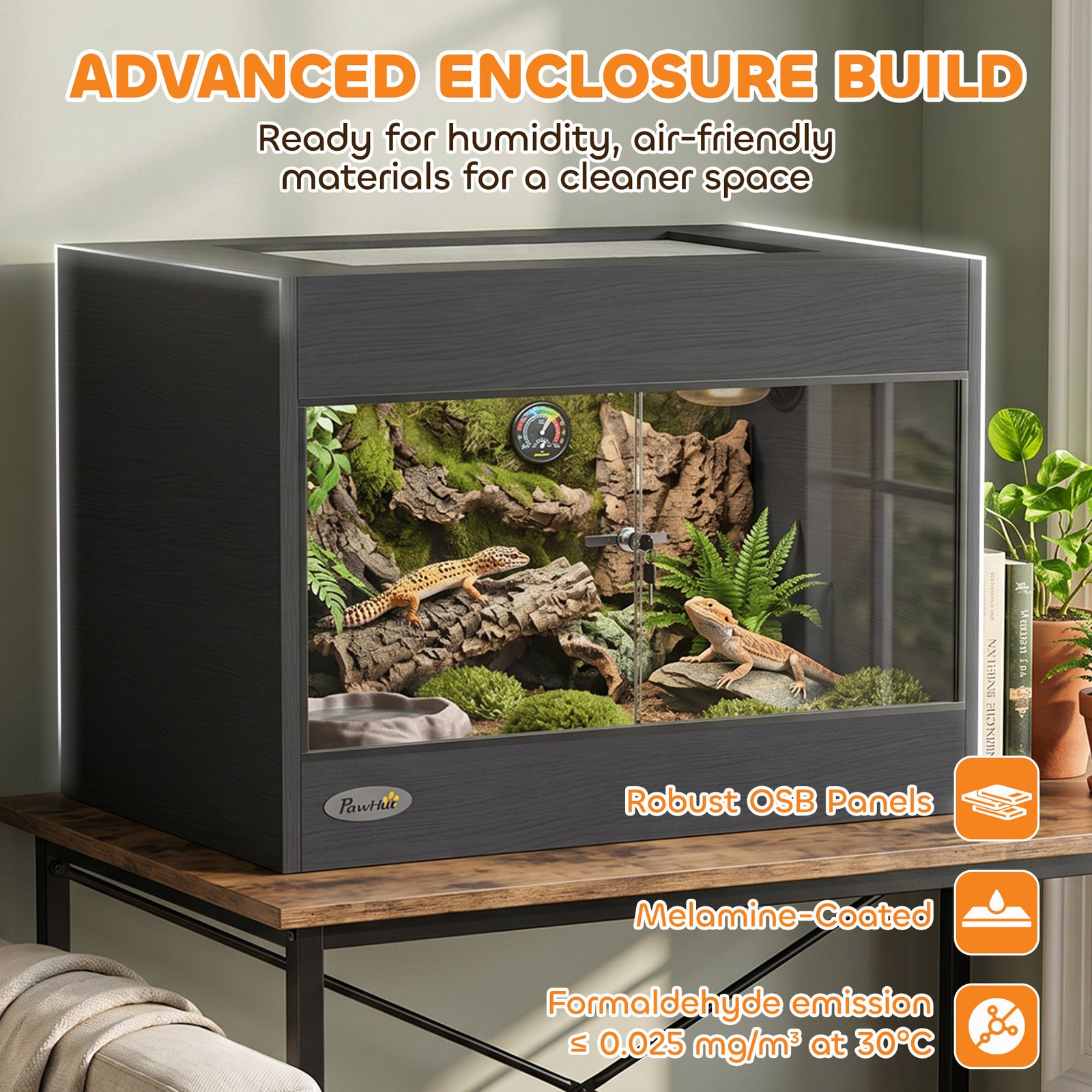 Reptile Terrarium, Reptile Vivarium with Glass Doors, Secure Lock, Top Ventilation for Snake, Gecko, 60x45x45cm, Black - Image 4