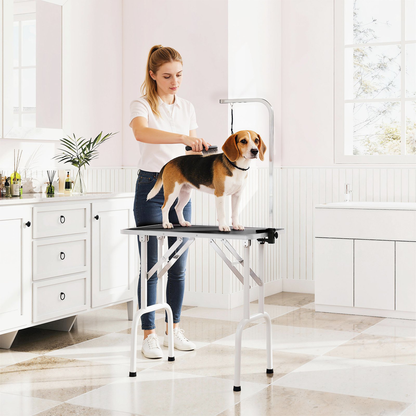 32" Foldable Dog Grooming Table Pet Drying Beauty Table Adjustable Fixed Arm Rubber Top, Black
