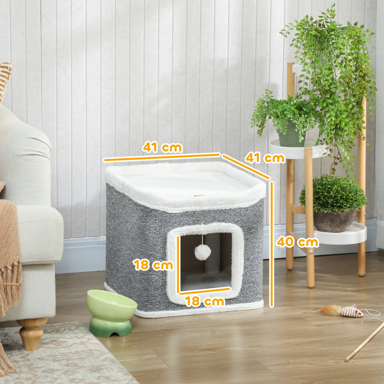 Cat House for Indoor Kittens, 2-Level Cat Cave Bed with Fluffy Balls, Top Bed, Kitten Barrel for Multi Kitties, Grey - Image 3