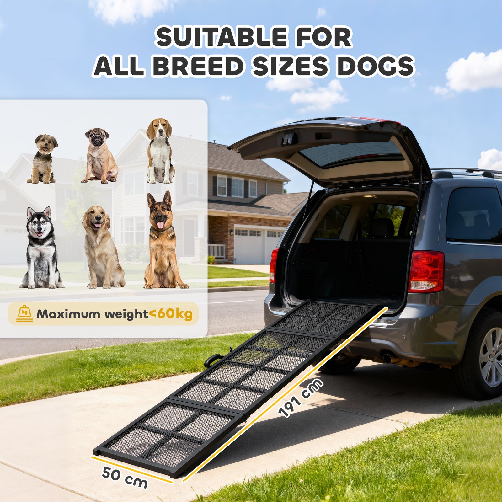 191 x 50cm Dog Ramp for Car, Extra Long Pet Stairs with Non-Slip Surface, for Large Dogs, Black