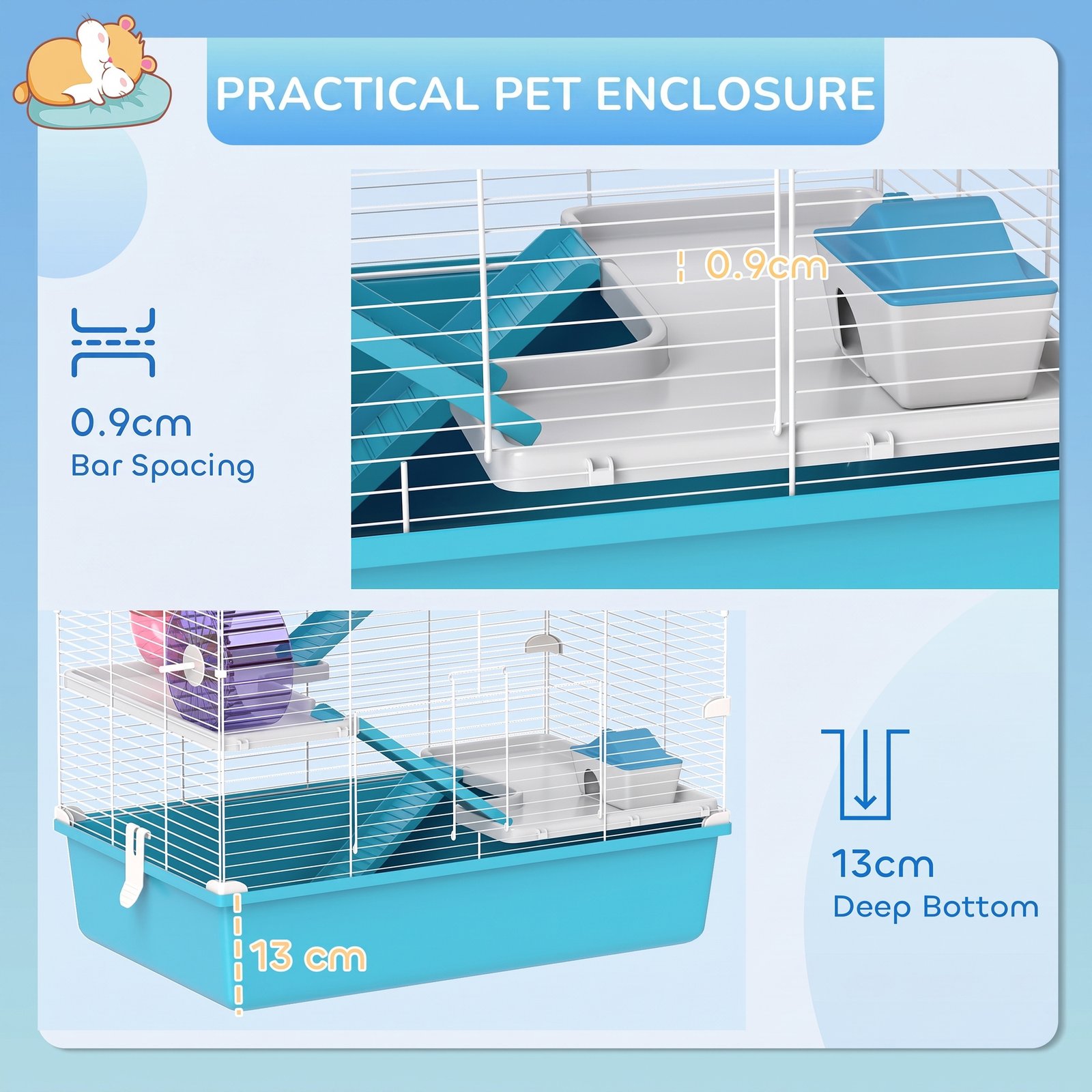6 Tier Hamster Cage, Small Animal Cage with Tubes, Exercise Wheel, Ramps, Hut, Food Dish, Water Bottle, Light Blue