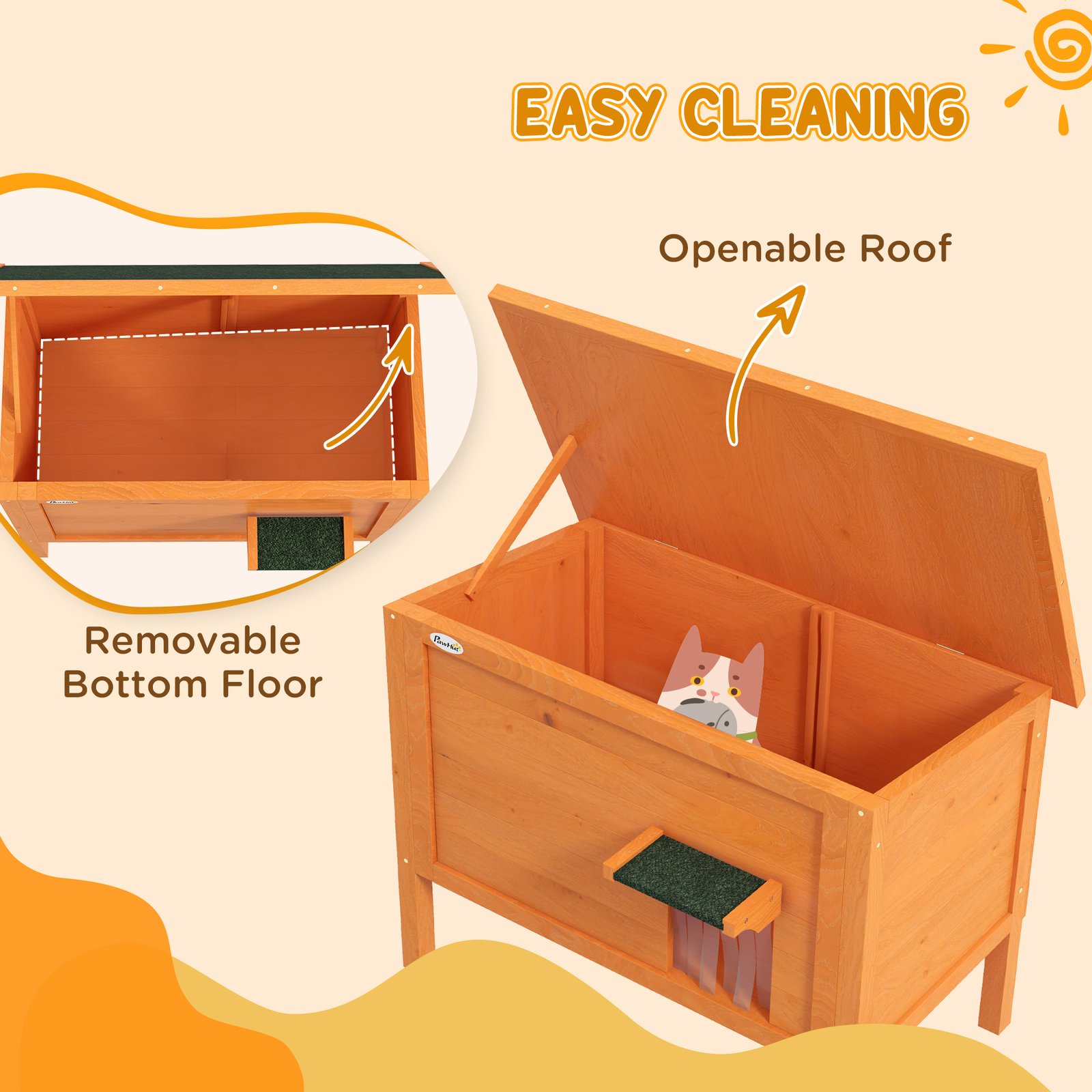 Feral Cat House, Wooden Insulated with Removable Floor, Water-Resistant Openable Roof - Orange - Image 5