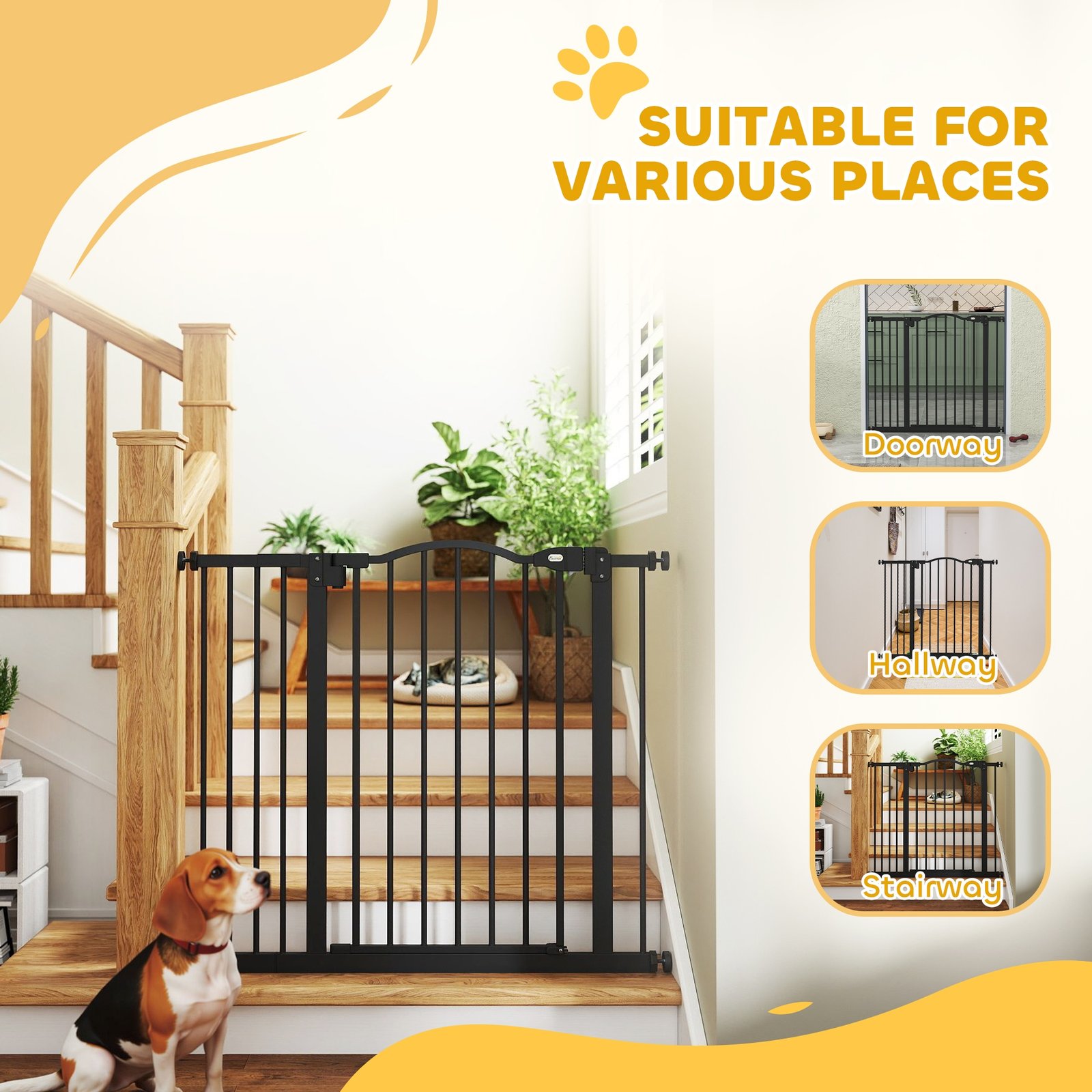 Metal 74-94cm Adjustable Pet Gate Safety Barrier w/ Auto-Close Door Black