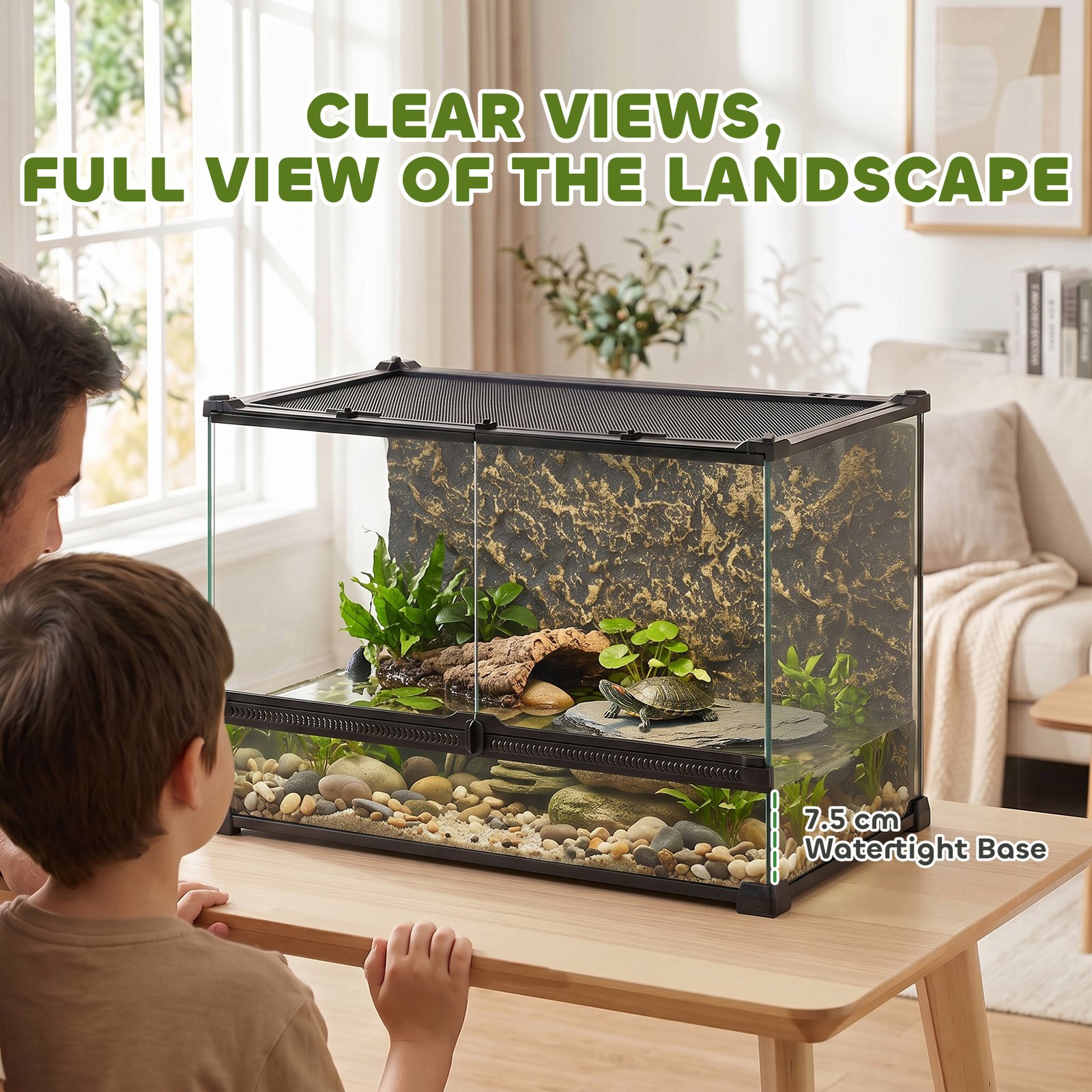 Reptile Glass Terrarium with Stone Background, Front Ventilation, Escape-Proof Knob Lock, 50 x 30 x 35 cm, Black - Image 7
