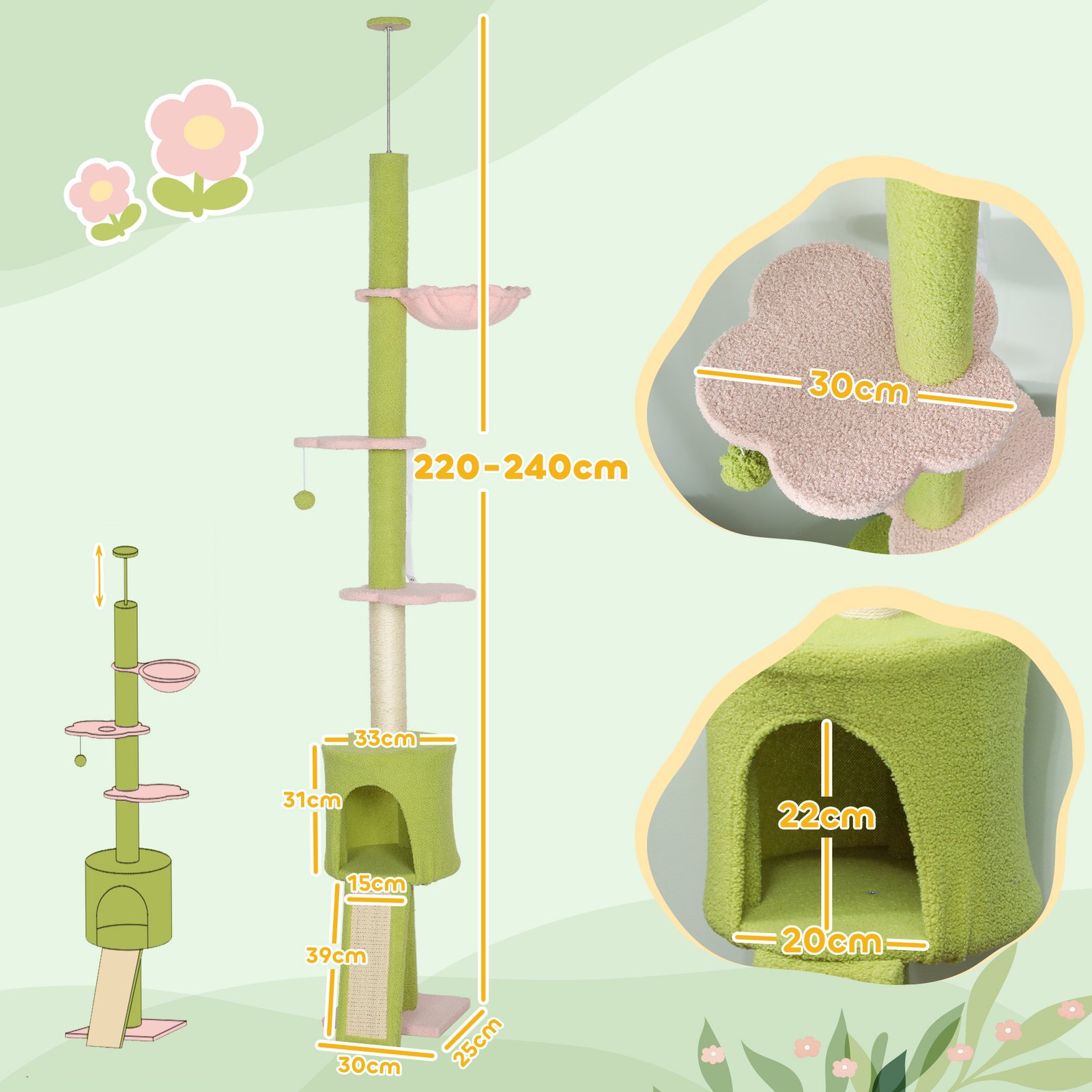 220-240 cm Floor to Ceiling Cat Tree Adjustable Height with Hammock, Condo, Scratching Posts, Green