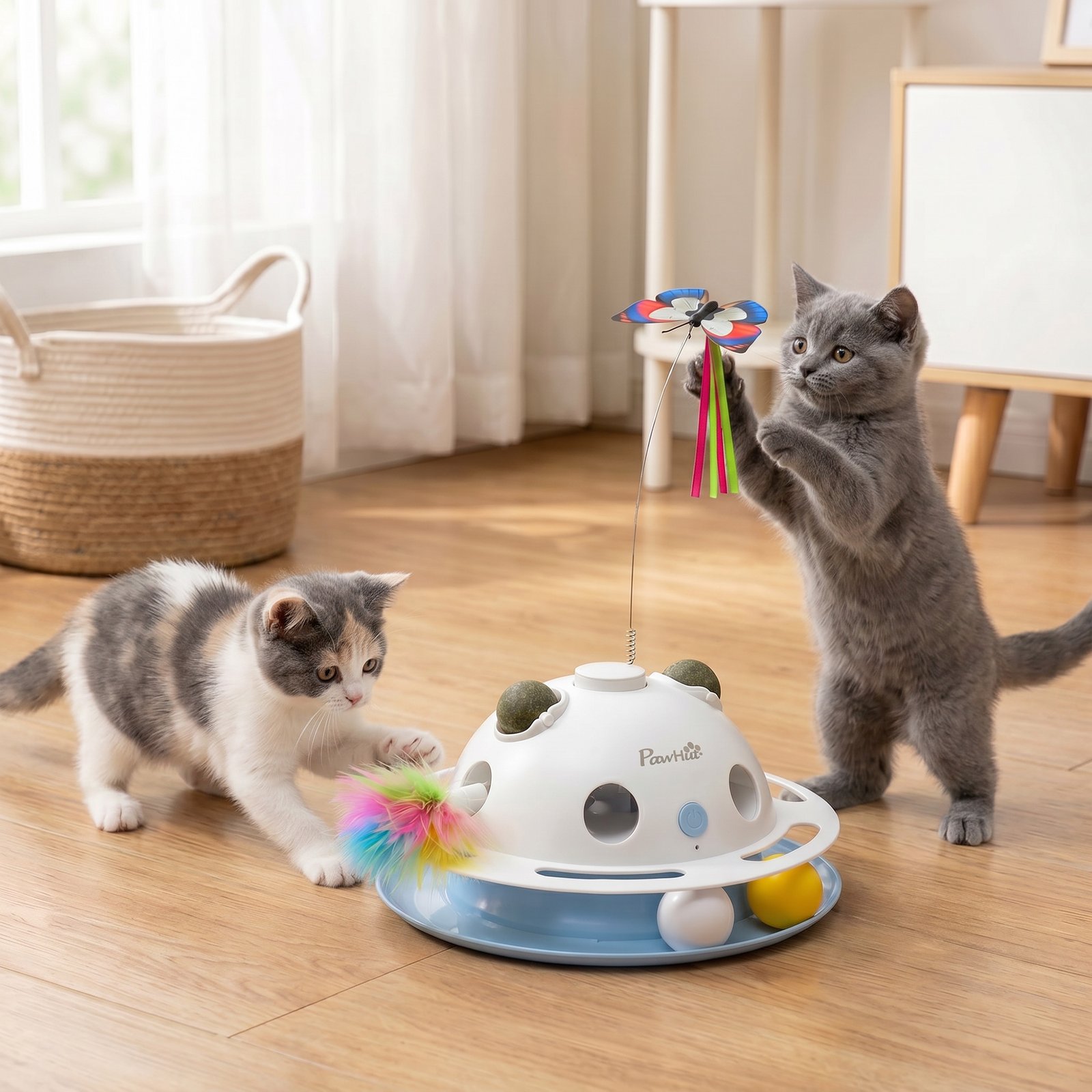 4-in-1 Interactive Cat Toys for Indoor Cats Adult with Spinning Butterfly, Shooting Feathers & Catnip Balls