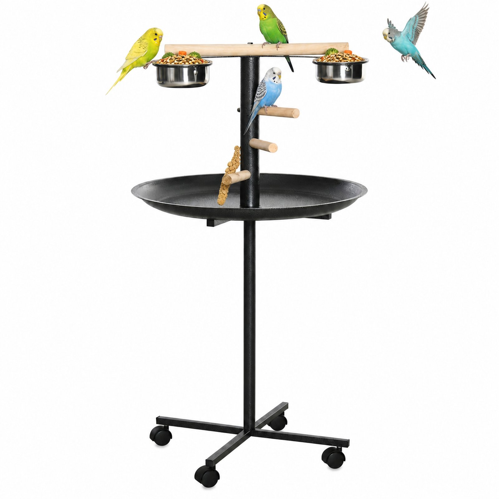 Parrot Perch Stand, Large Bird Play Stand, Metal Bird Table Feeder Station with Stainless Steel Bowls, Four Wheels, Round Tray, Black