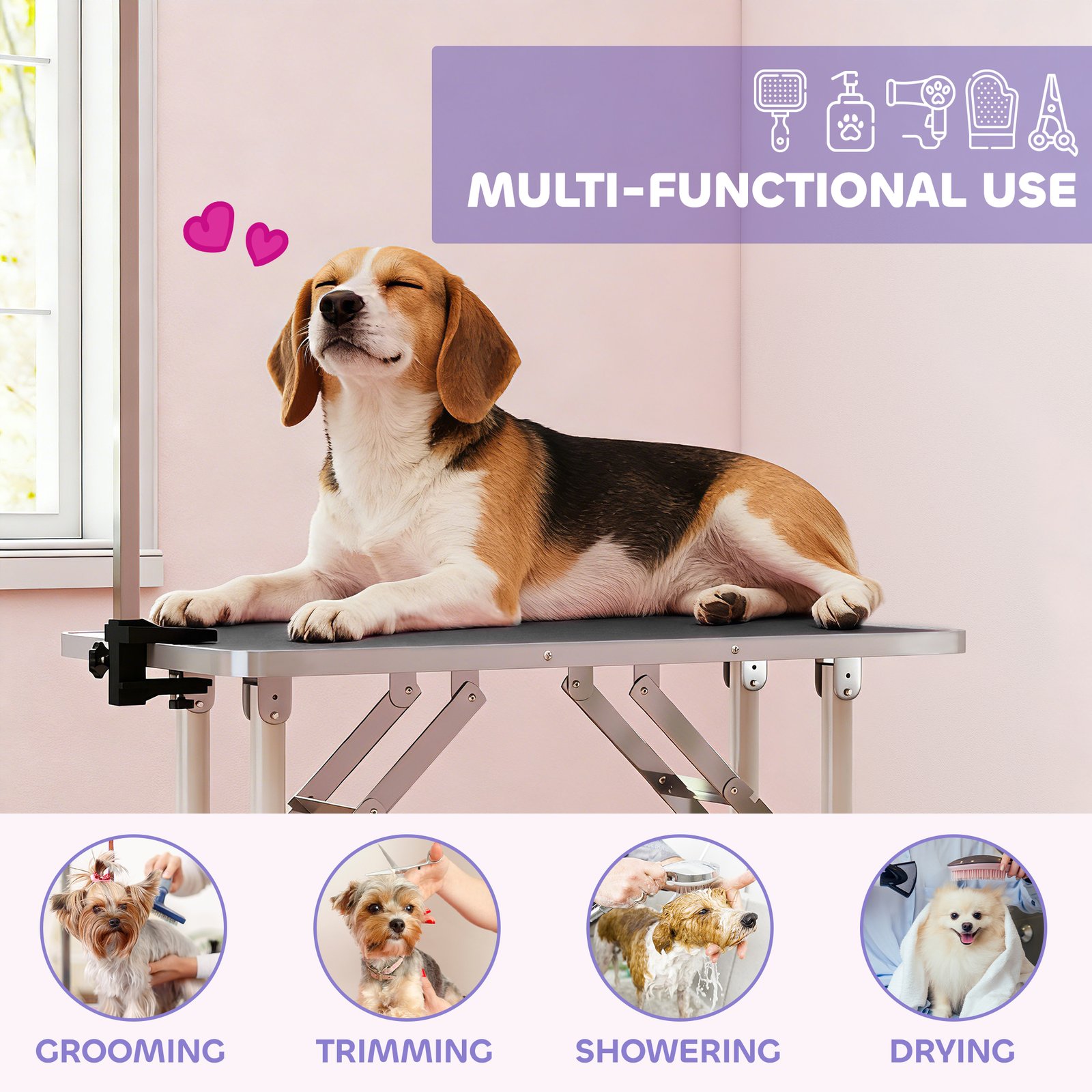 32" Foldable Dog Grooming Table Pet Drying Beauty Table Adjustable Fixed Arm Rubber Top, Black