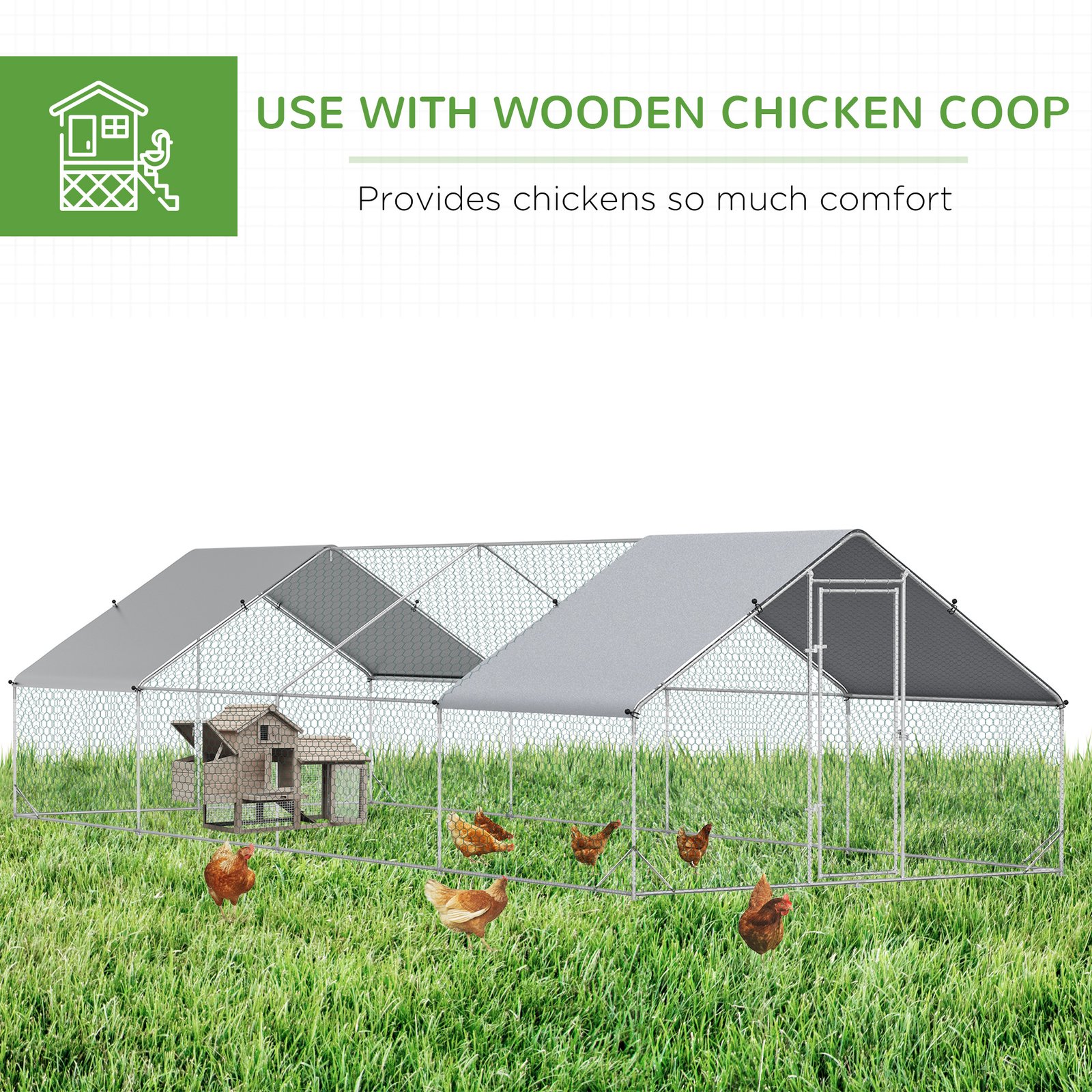 Chicken Run Galvanised Walk-in Chicken Coop Hen Poultry House Cage Rabbit Hutch with Water-Resist Cover, 3 x 8 x 2m