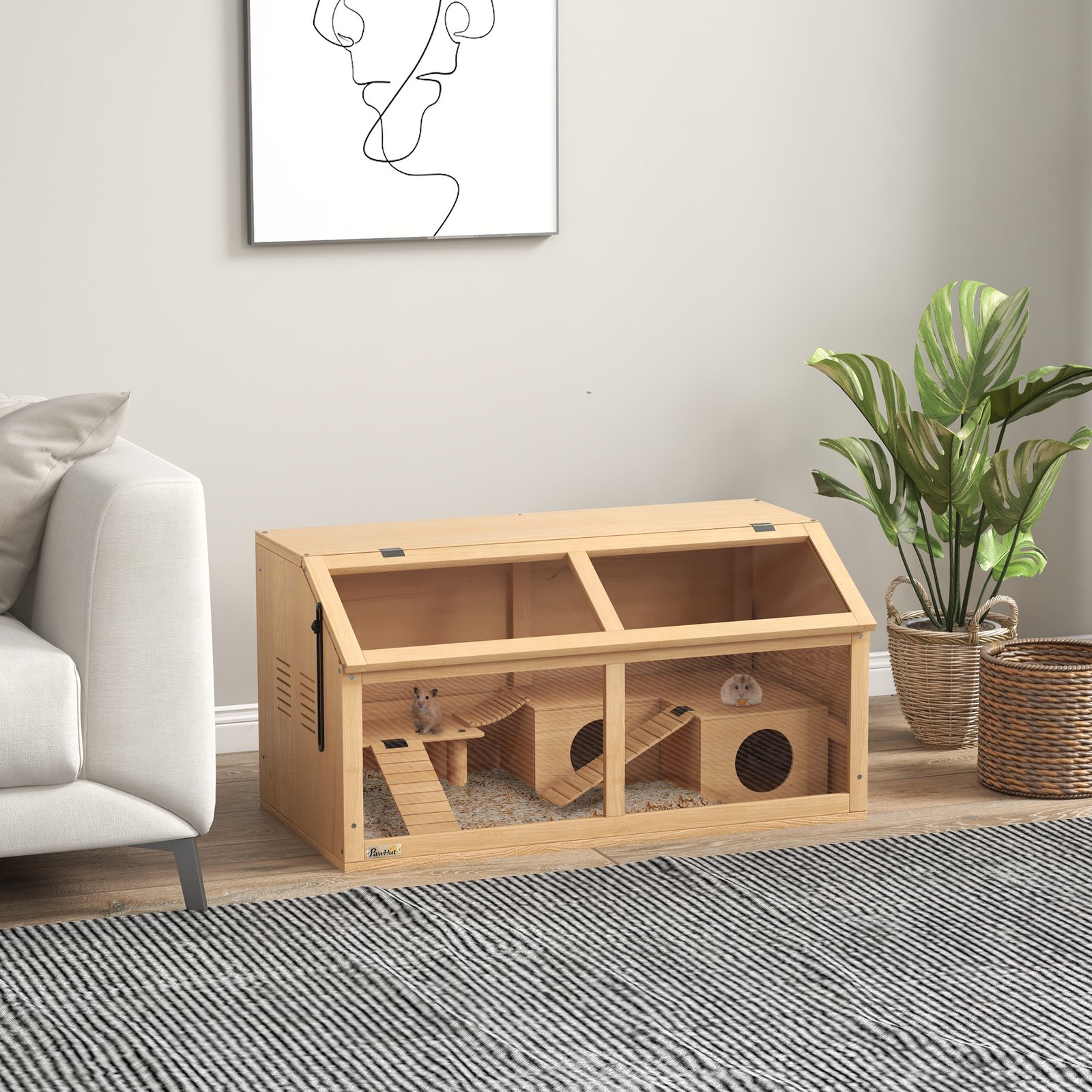 Hamster Cage, Wooden Small Animal Cage for Gerbils, Mice w/ Suspension Bridge, Openable Top, Hut, 85 x 45 x 44cm Nature - Image 9
