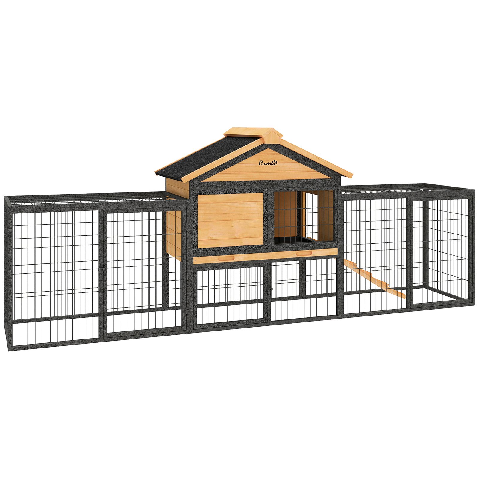 Wooden Rabbit Hutch Outdoor with Steel Run, Wooden Guinea Pig Cage with Removable Plastic Tray, Asphalt Roof, Ramp