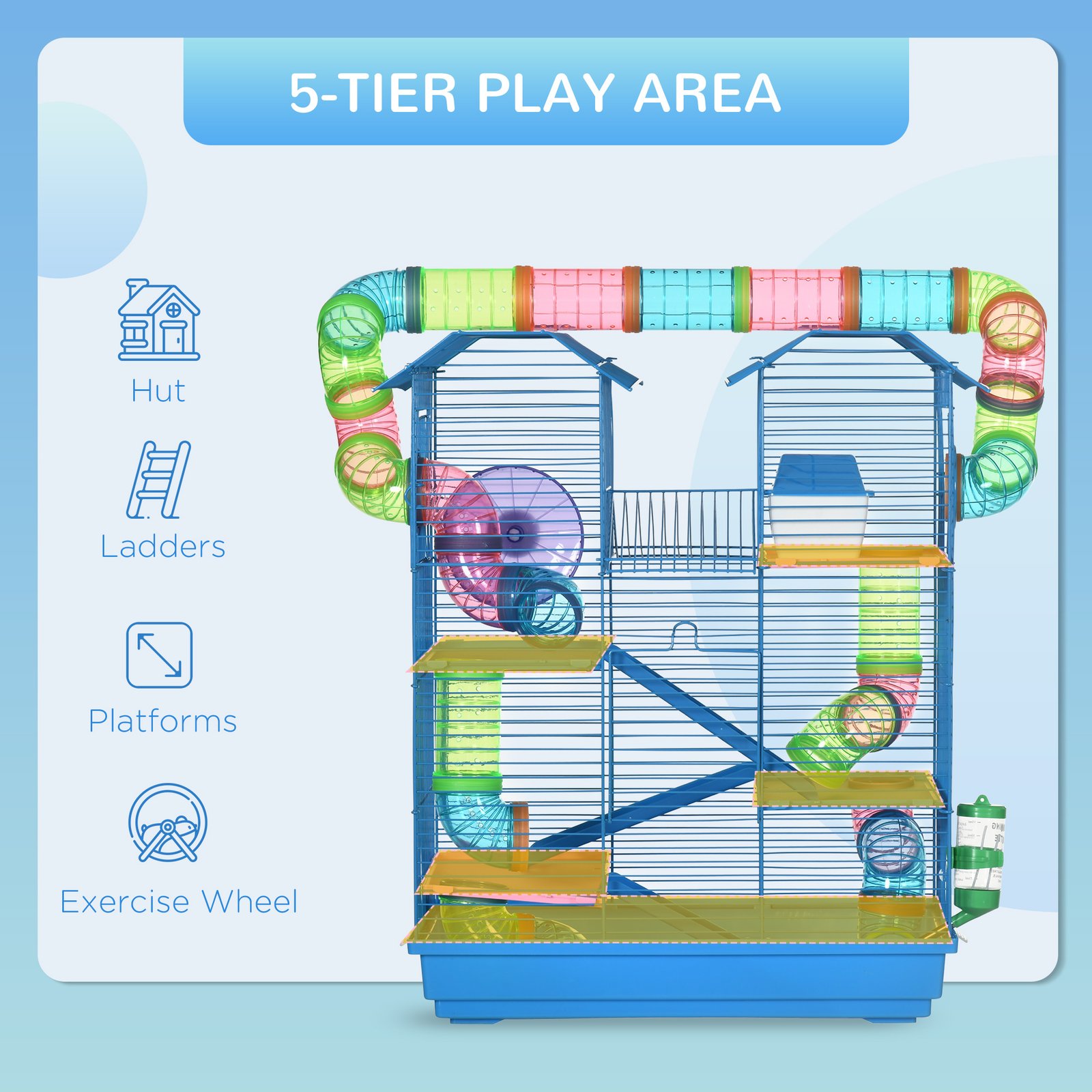 Hamster Cage, 5 Tier Carrier Habitat with Exercise Wheels Tunnel Tube Water Bottle Dishes House Ladder, Gerbil Cage for Dwarf Mice, Blue