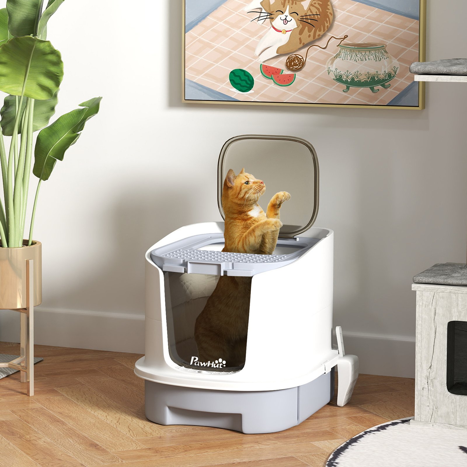 Cat Litter Box with Lid, Scoop, Deodorisation Bags, Top Entry